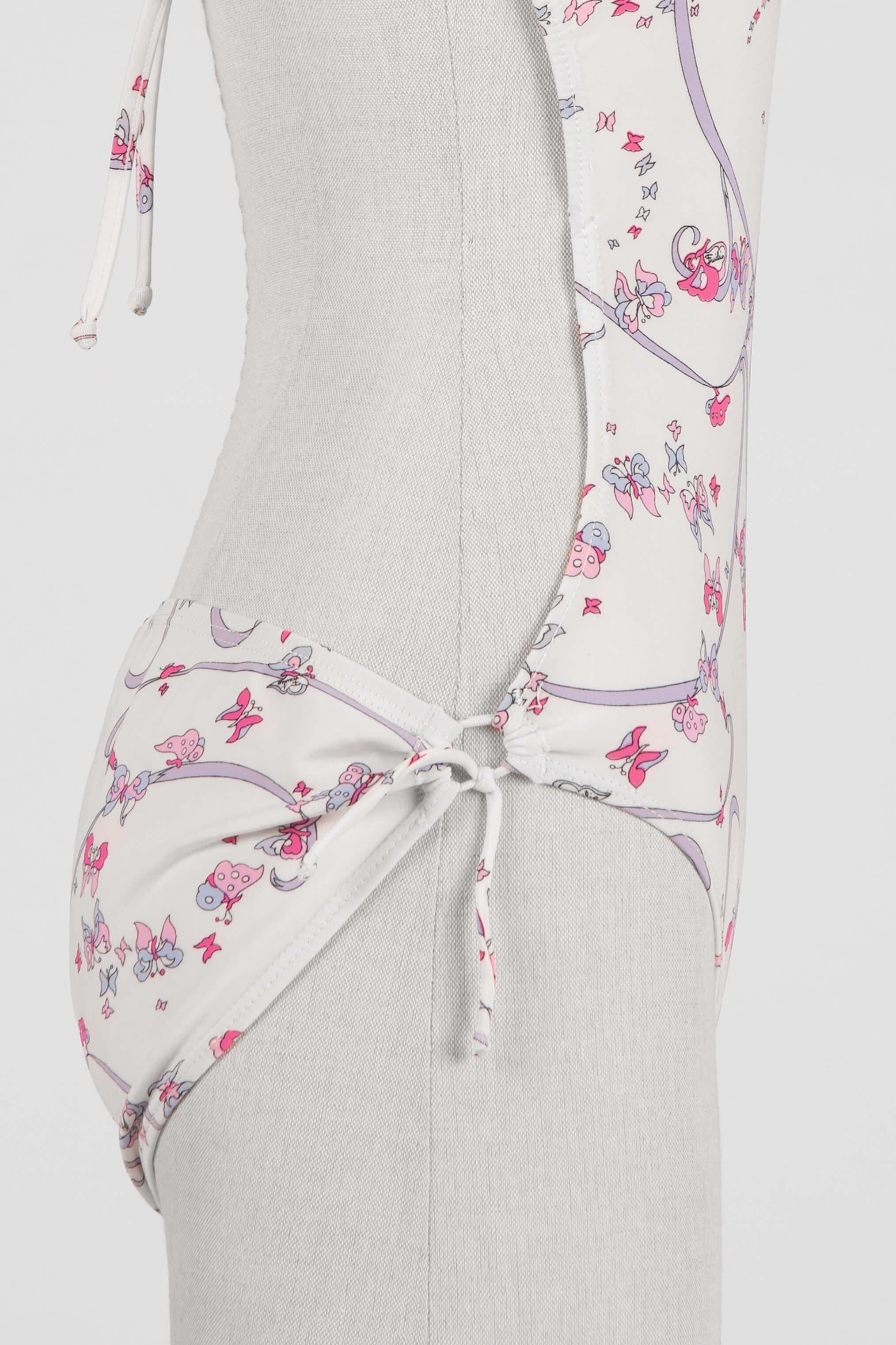 EMILIO PUCCI 1970s White Pink Signature Butterfly Print One-Piece Swimsuit In Excellent Condition For Sale In Munich, DE