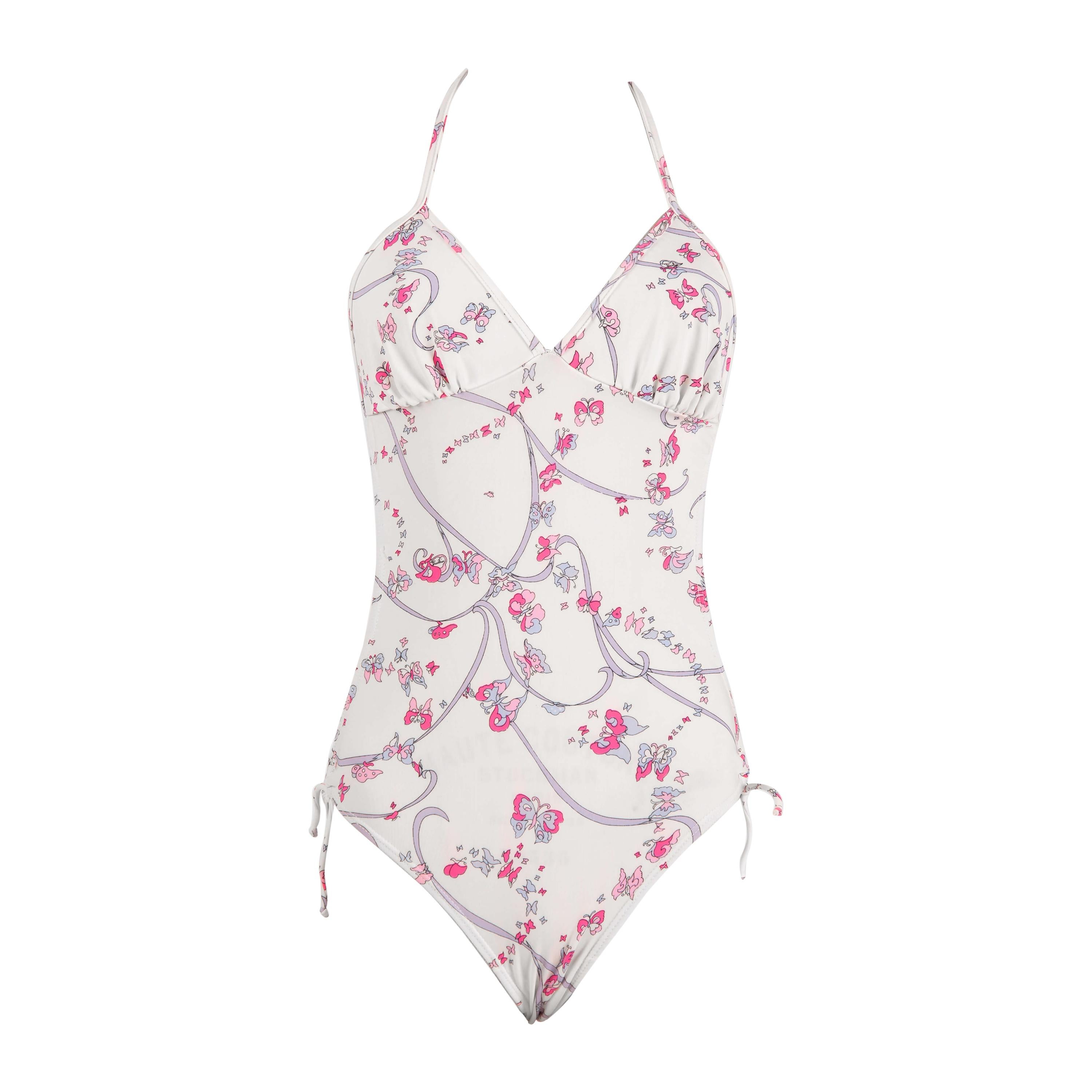 EMILIO PUCCI Maillot de bain une pièce imprimé papillon blanc et rose caractéristique, années 1970 en vente