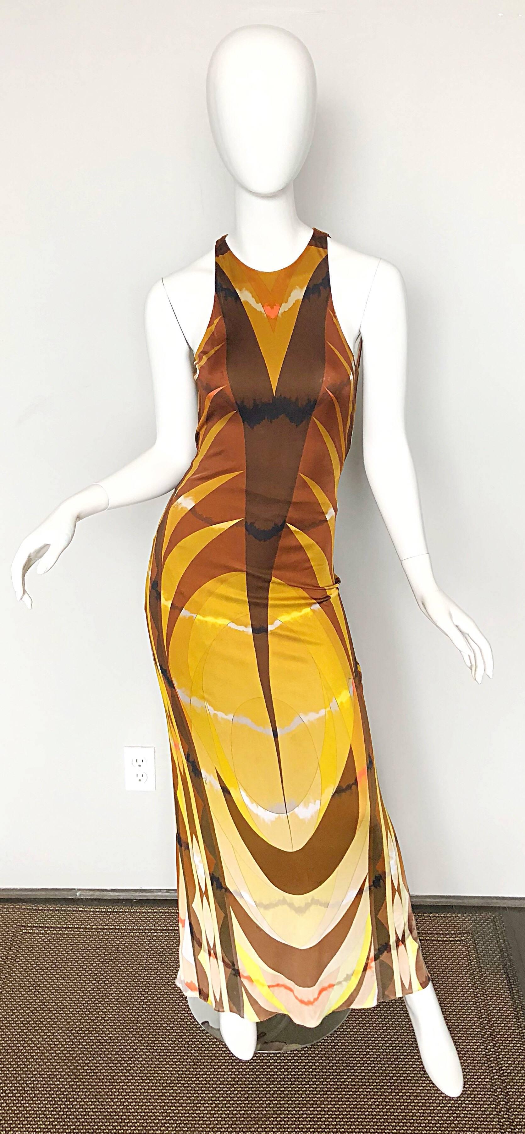 Orange Emilio Pucci 1990s Sexy Vintage Open Back Rayon Jersey 90s Gown Maxi Dress