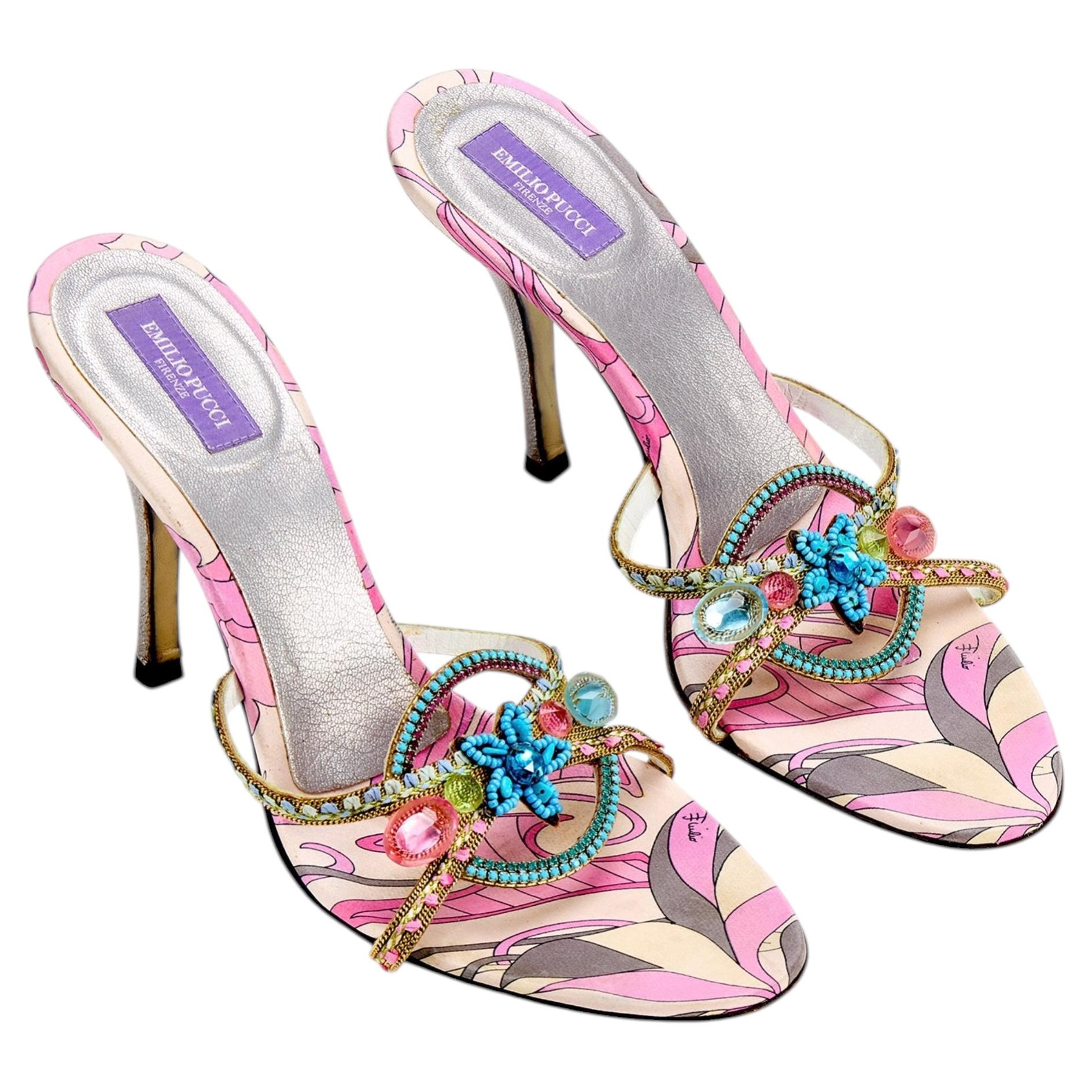 Emilio Pucci 2000s Pink and Blue Starfish Jewel Sandal Heels For