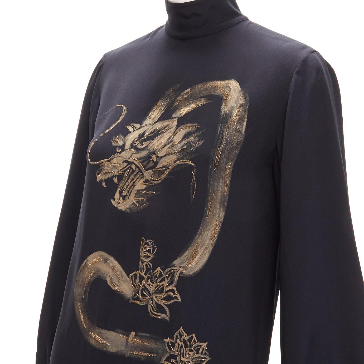 EMILIO PUCCI 2013 Runway gold beaded oriental Dragon black silk dress IT40 S 1