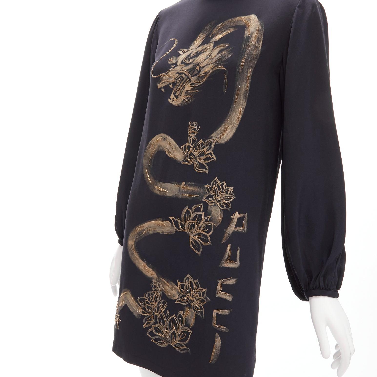EMILIO PUCCI 2013 Runway gold beaded oriental Dragon black silk dress IT40 S 2