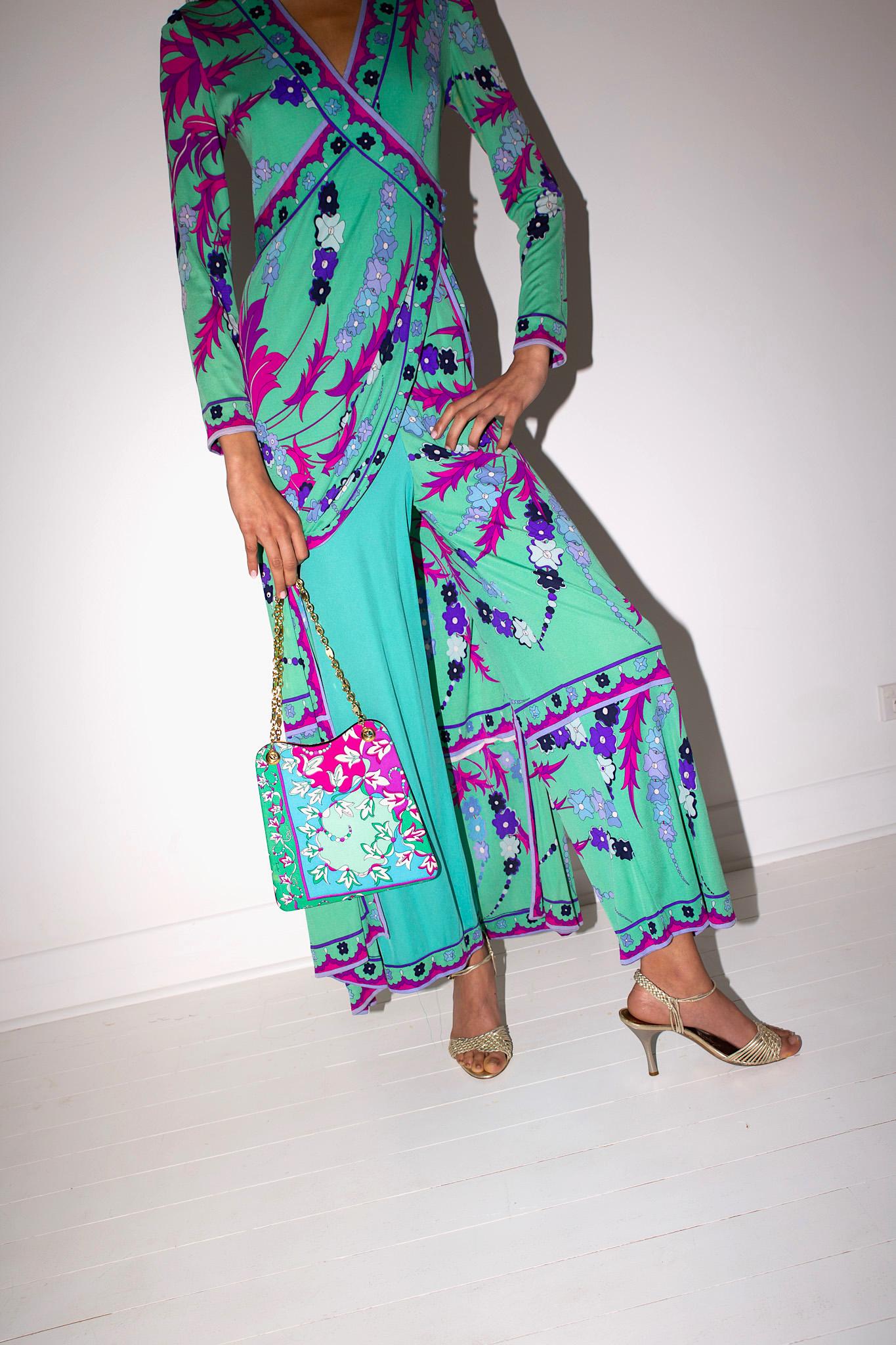 Blu Emilio Pucci 60's Silk Jersey Signature Print Maxi Gown Palazzo Pant Jumpsuit in vendita