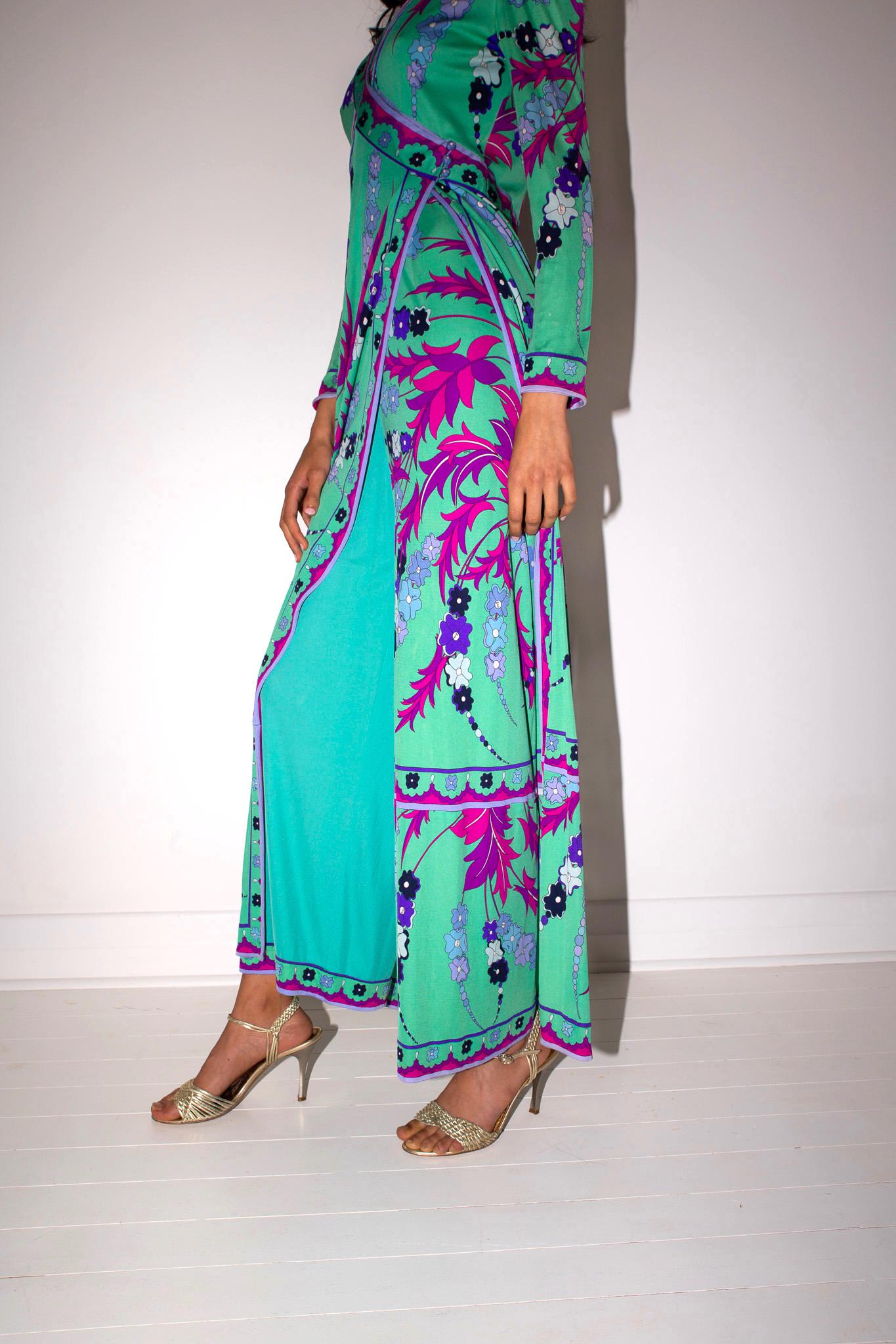 Emilio Pucci 60's Silk Jersey Signature Print Maxi Gown Palazzo Pant Jumpsuit In condizioni ottime in vendita a BELLEVUE HILL, NSW