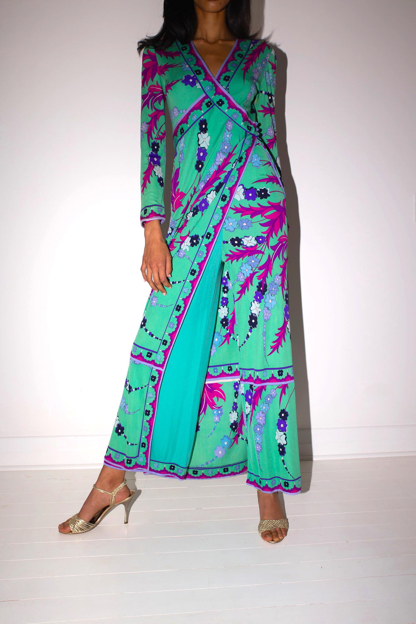 Donna Emilio Pucci 60's Silk Jersey Signature Print Maxi Gown Palazzo Pant Jumpsuit in vendita