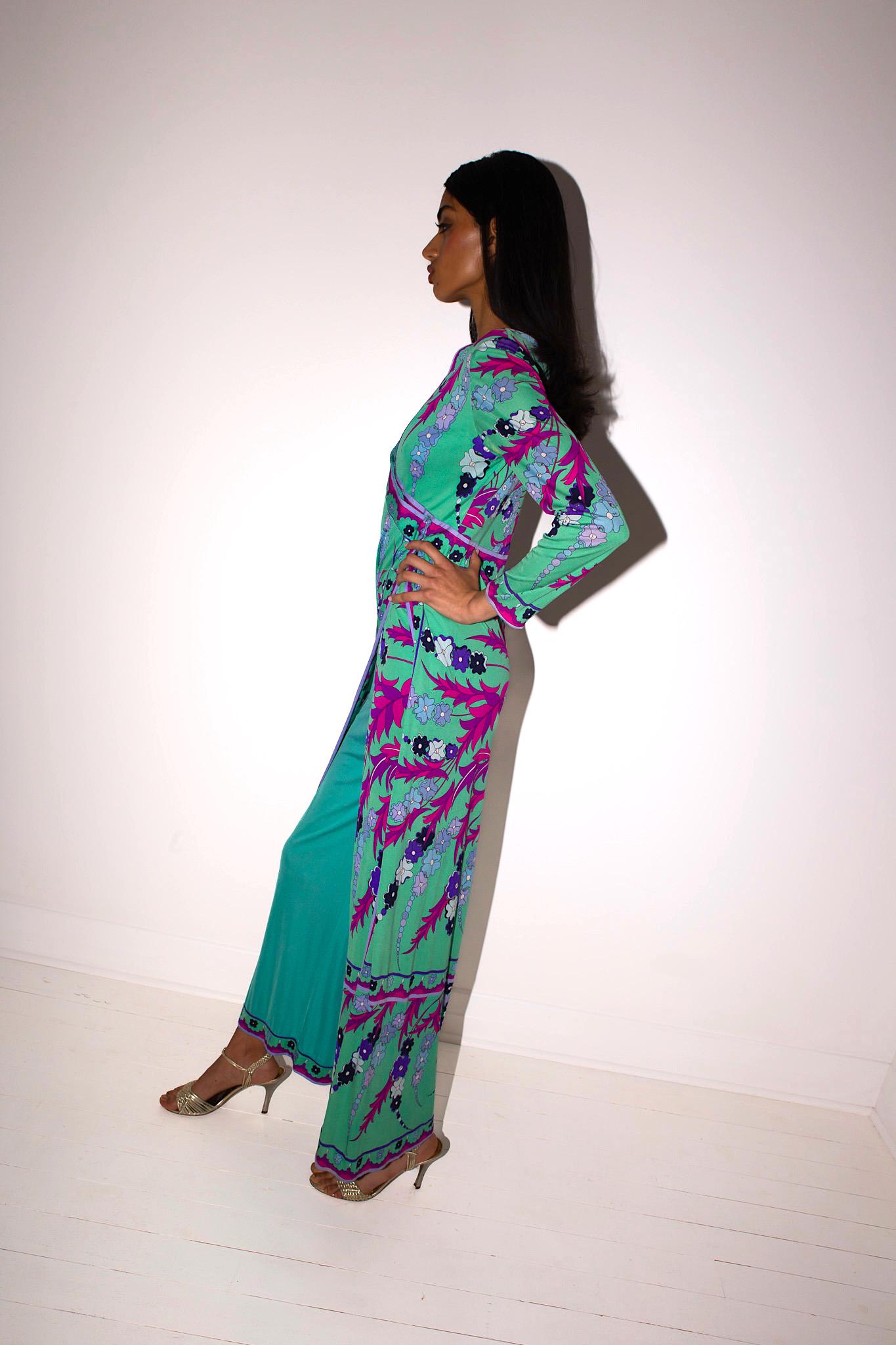 Emilio Pucci 60's Silk Jersey Signature Print Maxi Gown Palazzo Pant Jumpsuit in vendita 2