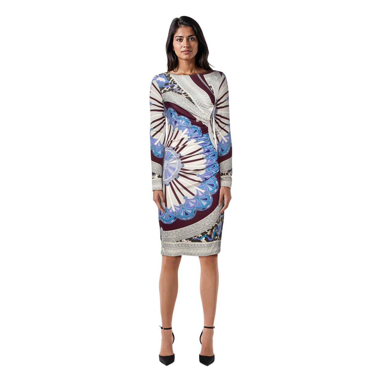 Emilio Pucci Abstract Pattern Ruched Silk Dress Size M For Sale
