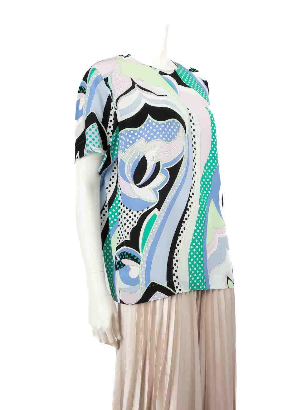 CONDITION is Very good. Hardly any visible wear to top is evident on this used Emilio Pucci designer resale item.
 
 
 
 Details
 
 
 Multicolour- blue tone
 
 Silk
 
 Top
 
 Abstract pattern
 
 Short sleeves
 
 Round neck
 
 Back button fastening
