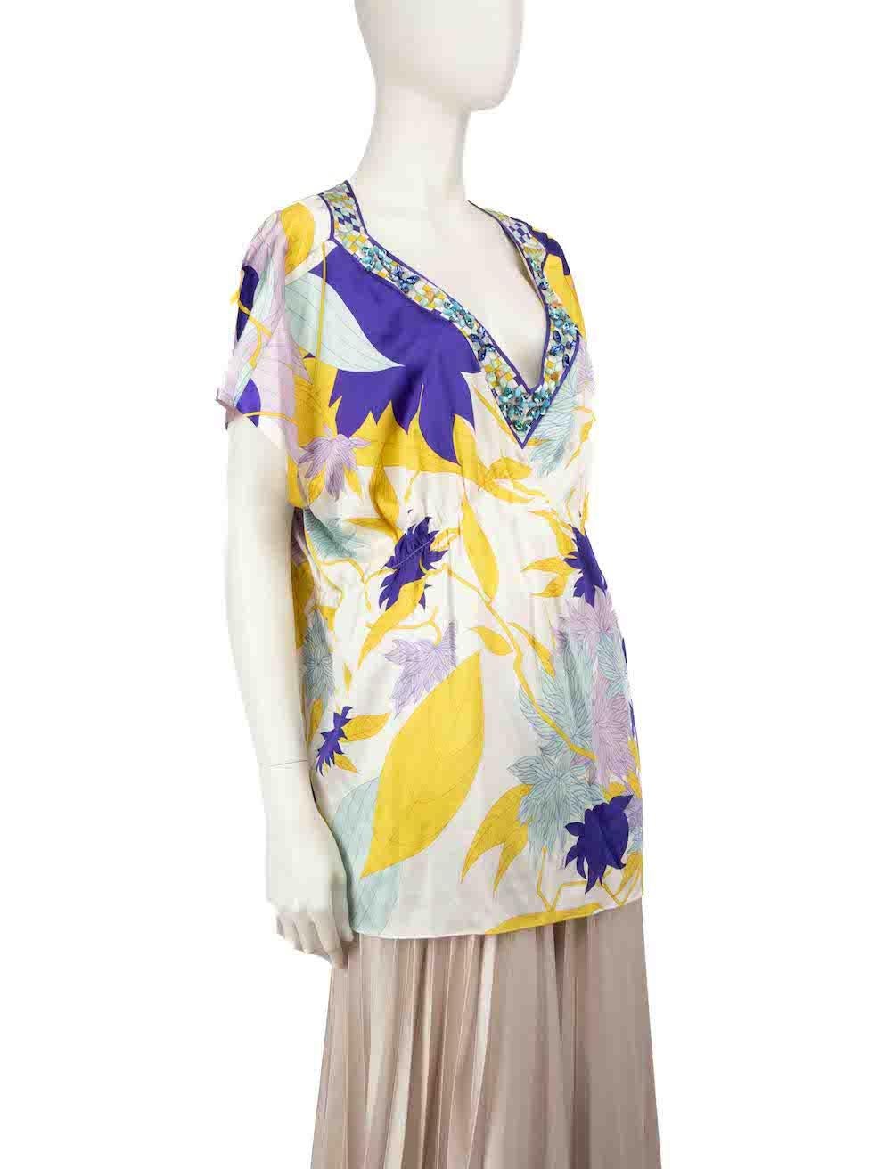 CONDITION is Very good. Minimal wear to top is evident. Minimal wear to the front is seen with few discolouration marks on this used Emilio Pucci designer resale item.
 
 
 
 Details
 
 
 Multicolour- white, blue, yellow
 
 Silk
 
 Top
 
 Short
