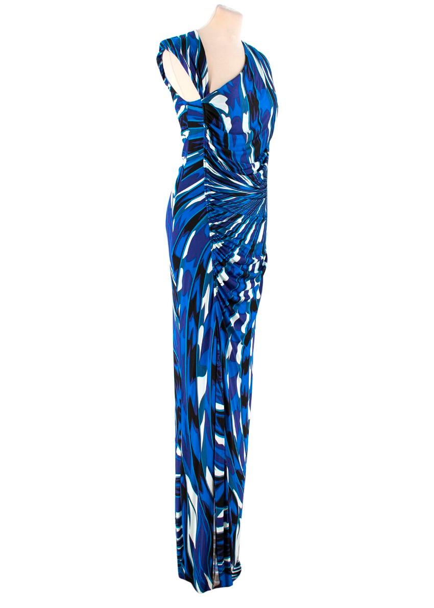 Emilio Pucci Maxikleid mit abstraktem Print

 - Abstrakter Druck in Blautönen:: Schwarz und Cremeweiß 
 - Leichter Satin-Jersey
 - Asymmetrischer Ausschnitt:: ärmellos 
 - Asymmetrisch geraffte Taille
 - Geteilter Saum 
 - Futter aus