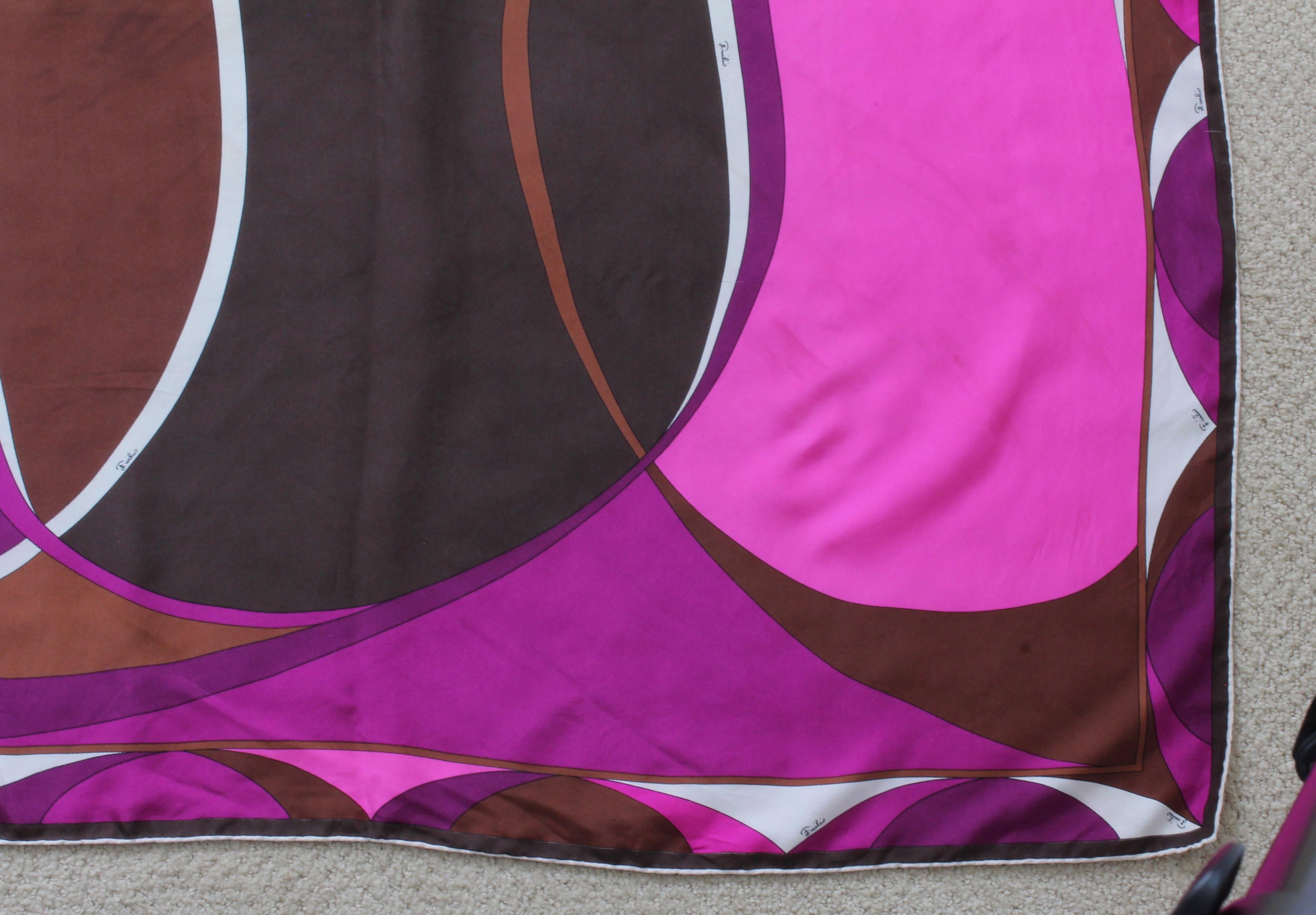 Emilio Pucci Abstract Print Scarf Shawl Silk Twill 35in Purple Brown Pink White For Sale 1