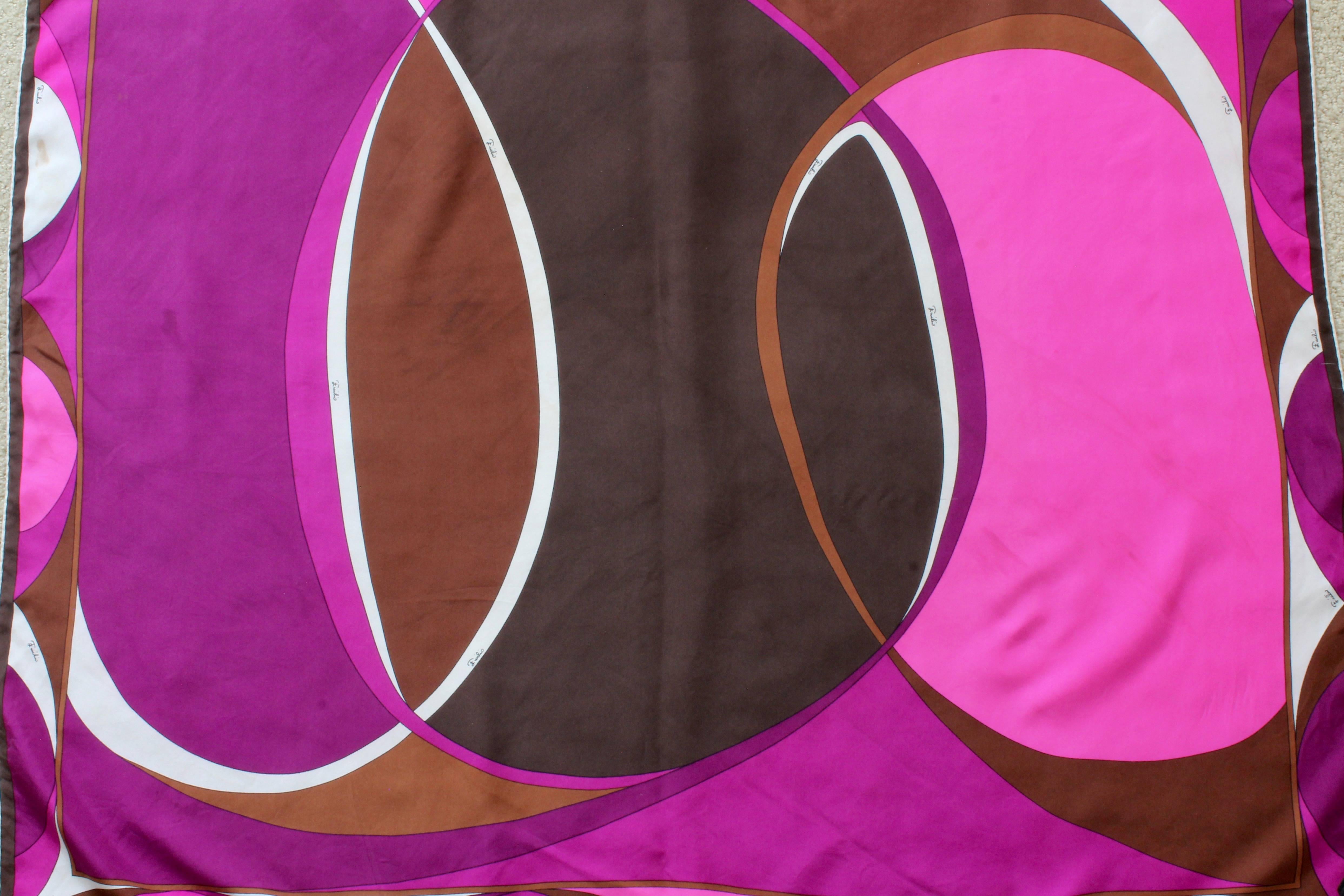 Emilio Pucci Abstract Print Scarf Shawl Silk Twill 35in Purple Brown Pink White For Sale 2