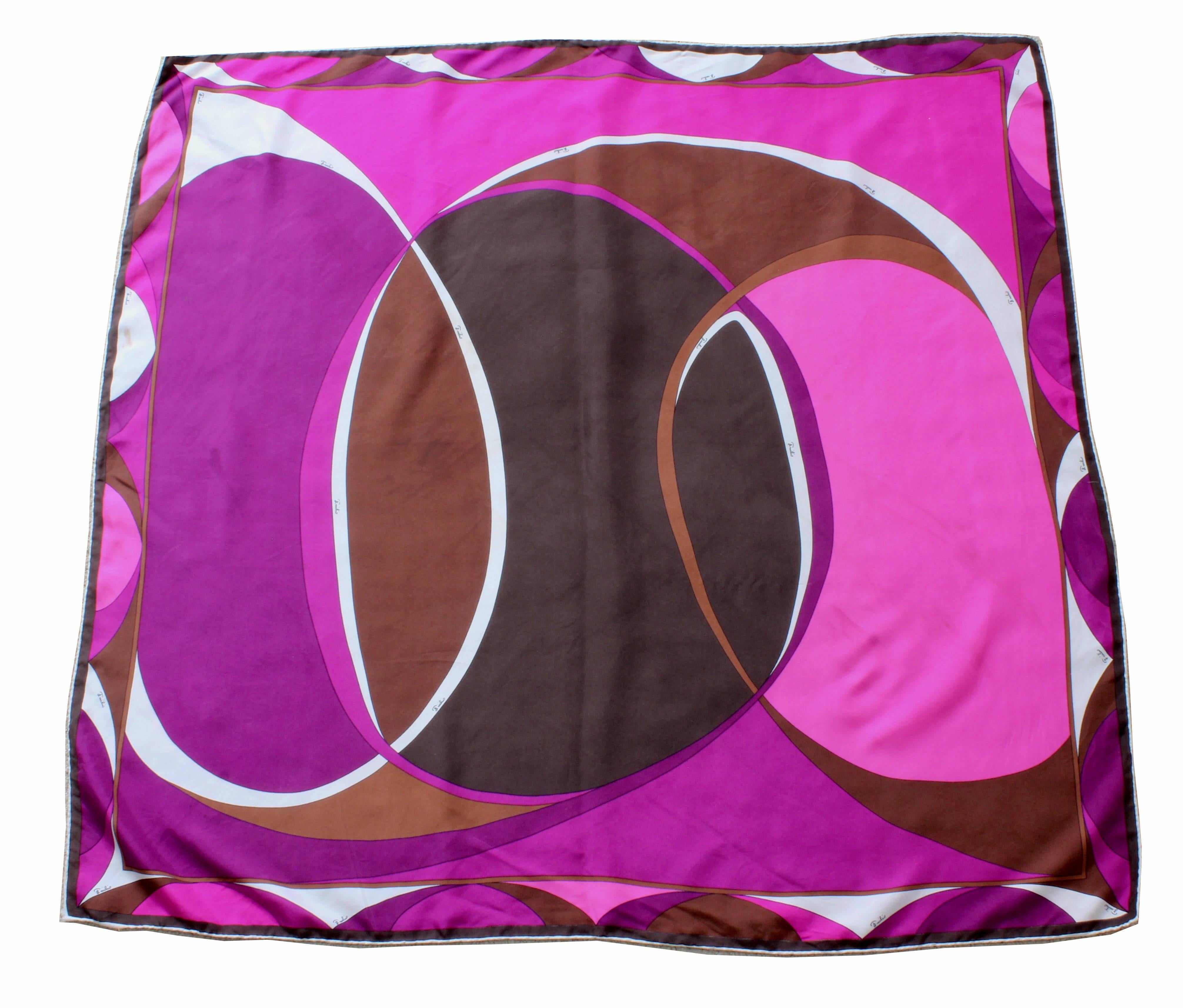 Emilio Pucci Abstract Print Scarf Shawl Silk Twill 35in Purple Brown Pink White For Sale 3
