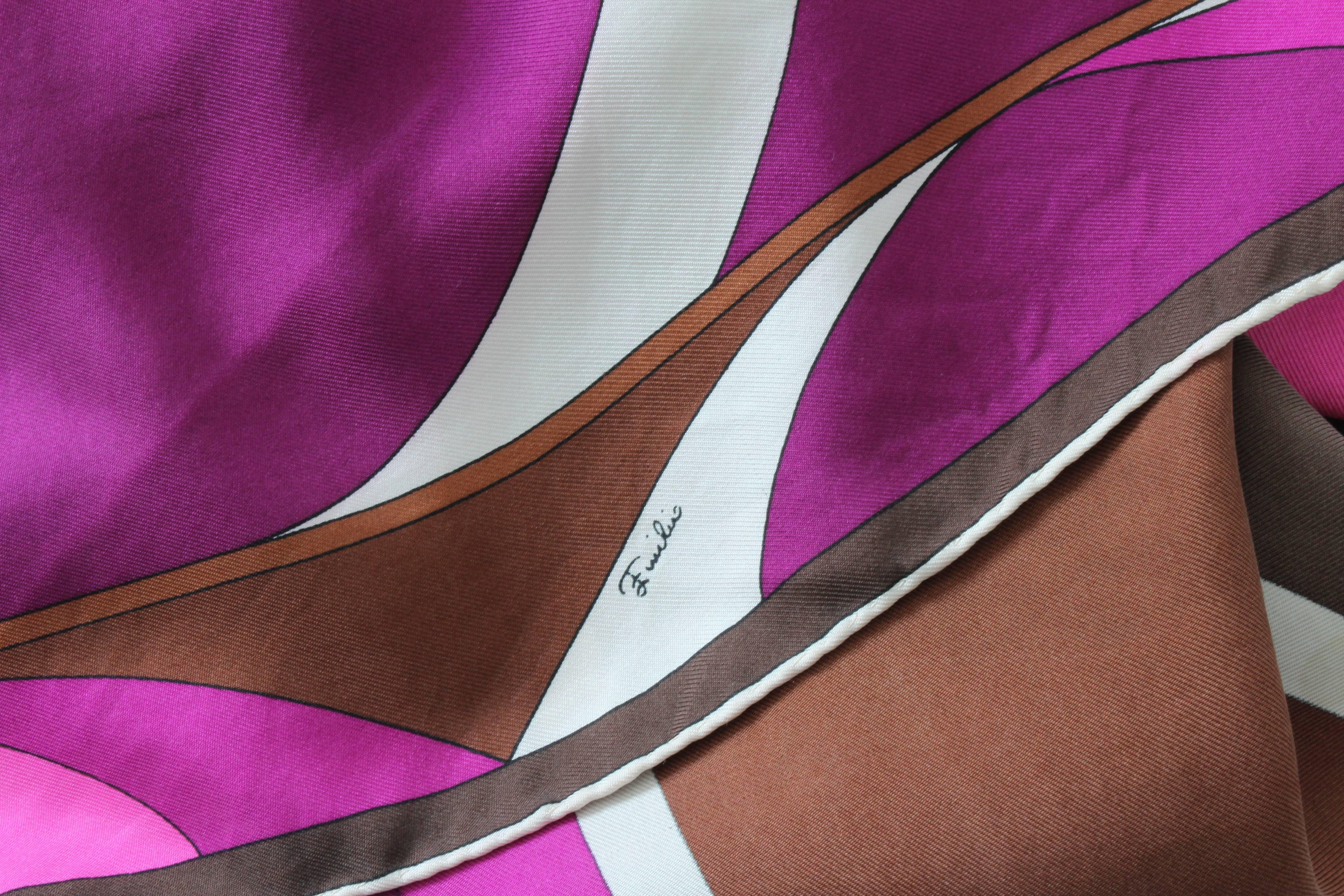 Emilio Pucci Abstract Print Scarf Shawl Silk Twill 35in Purple Brown Pink White For Sale 4