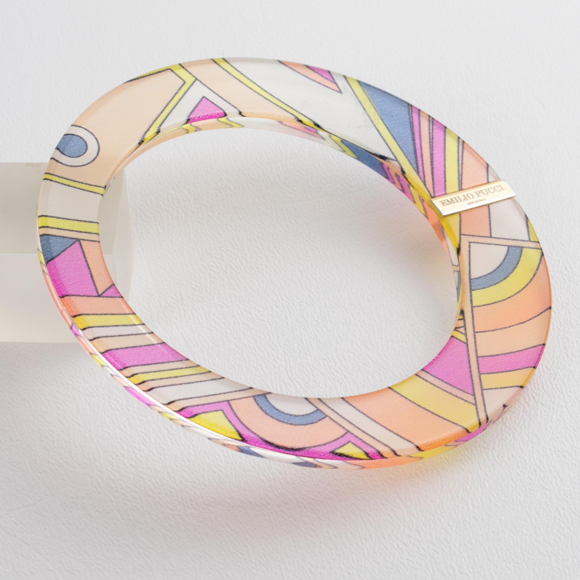 Modernist Emilio Pucci Acrylic Lucite Bangle Bracelet with Multicolor Silk For Sale