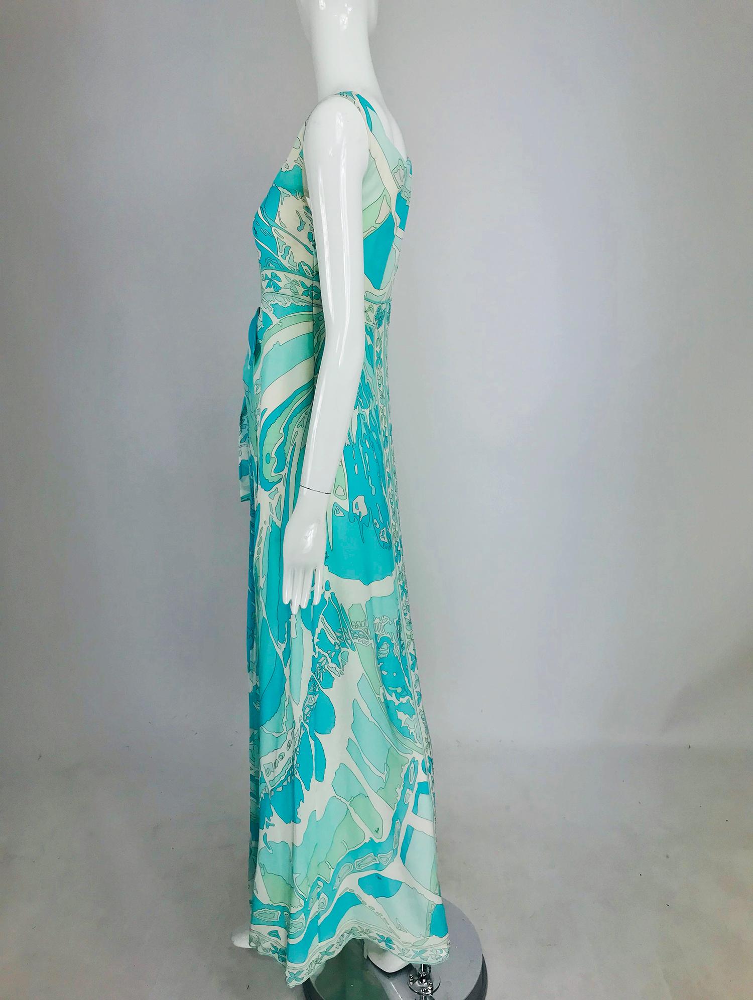 Blue Emilio Pucci Aqua Print Silk Chiffon Maxi Dress 