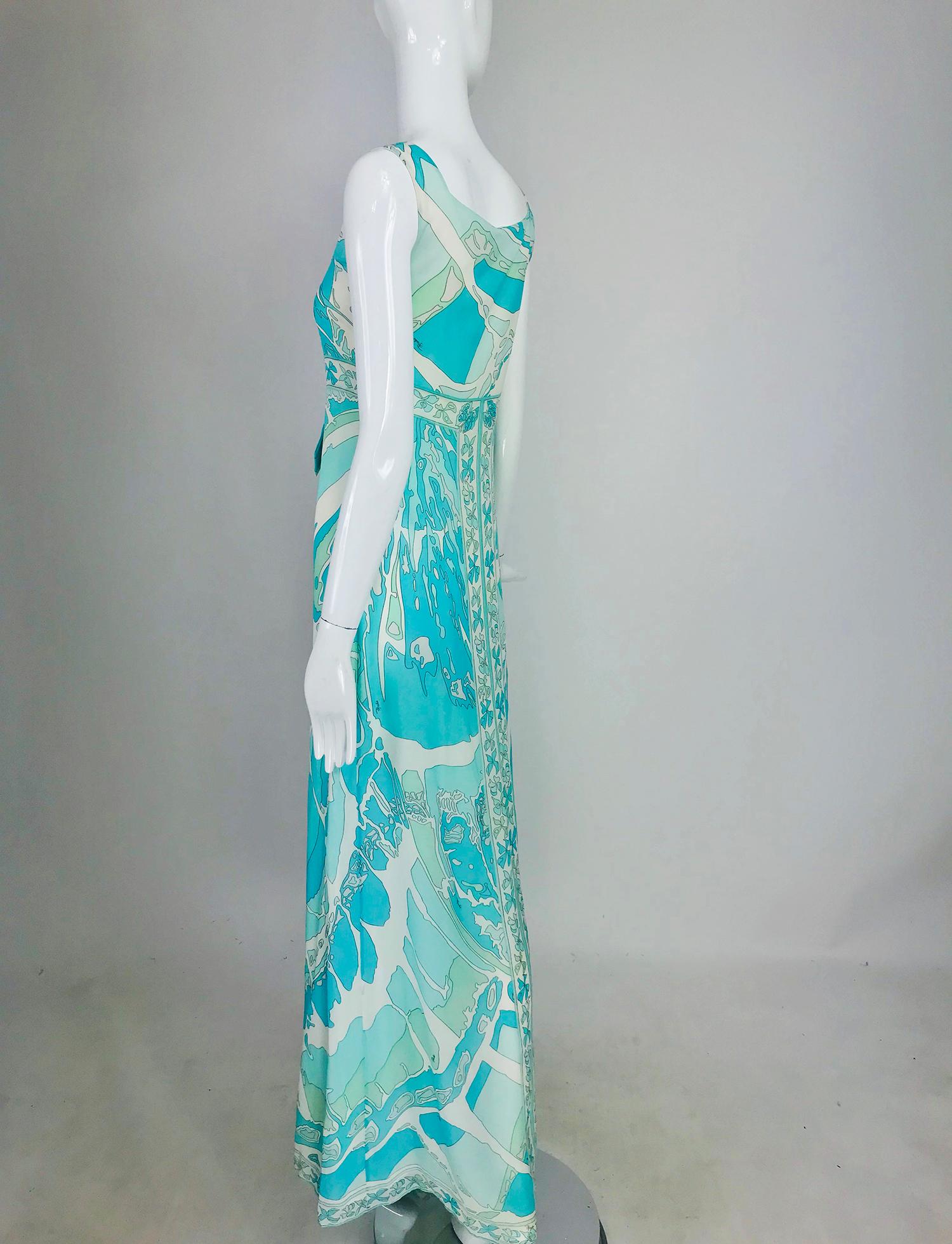 Emilio Pucci Aqua Print Silk Chiffon Maxi Dress  In Good Condition In West Palm Beach, FL