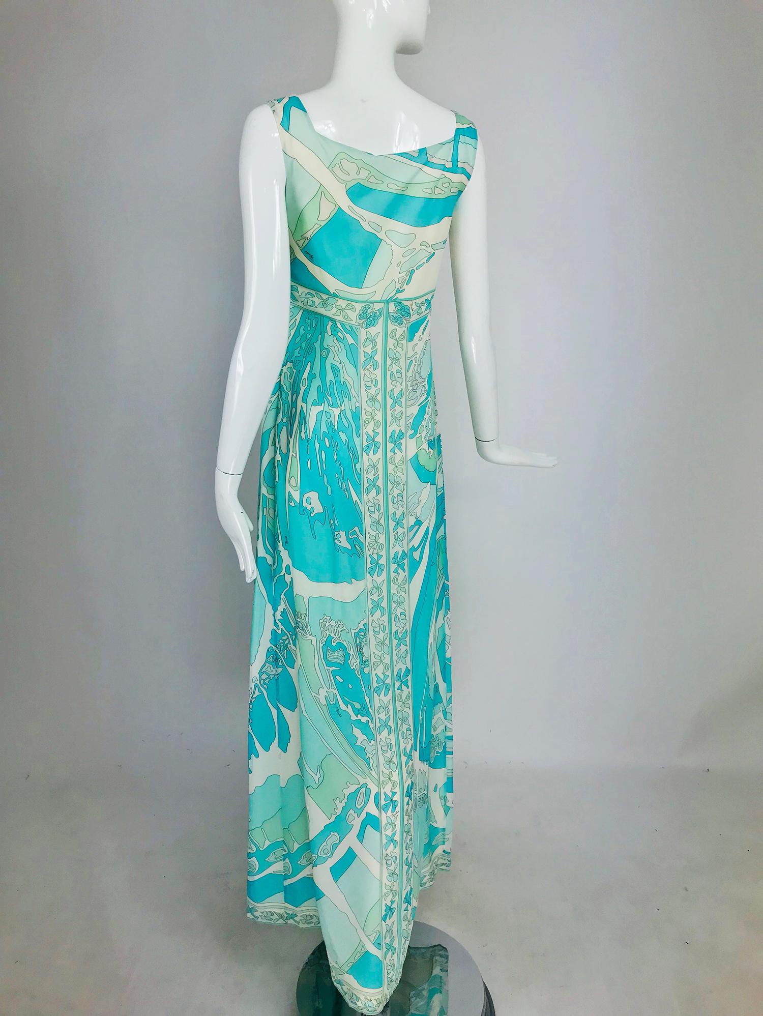 Women's Emilio Pucci Aqua Print Silk Chiffon Maxi Dress 