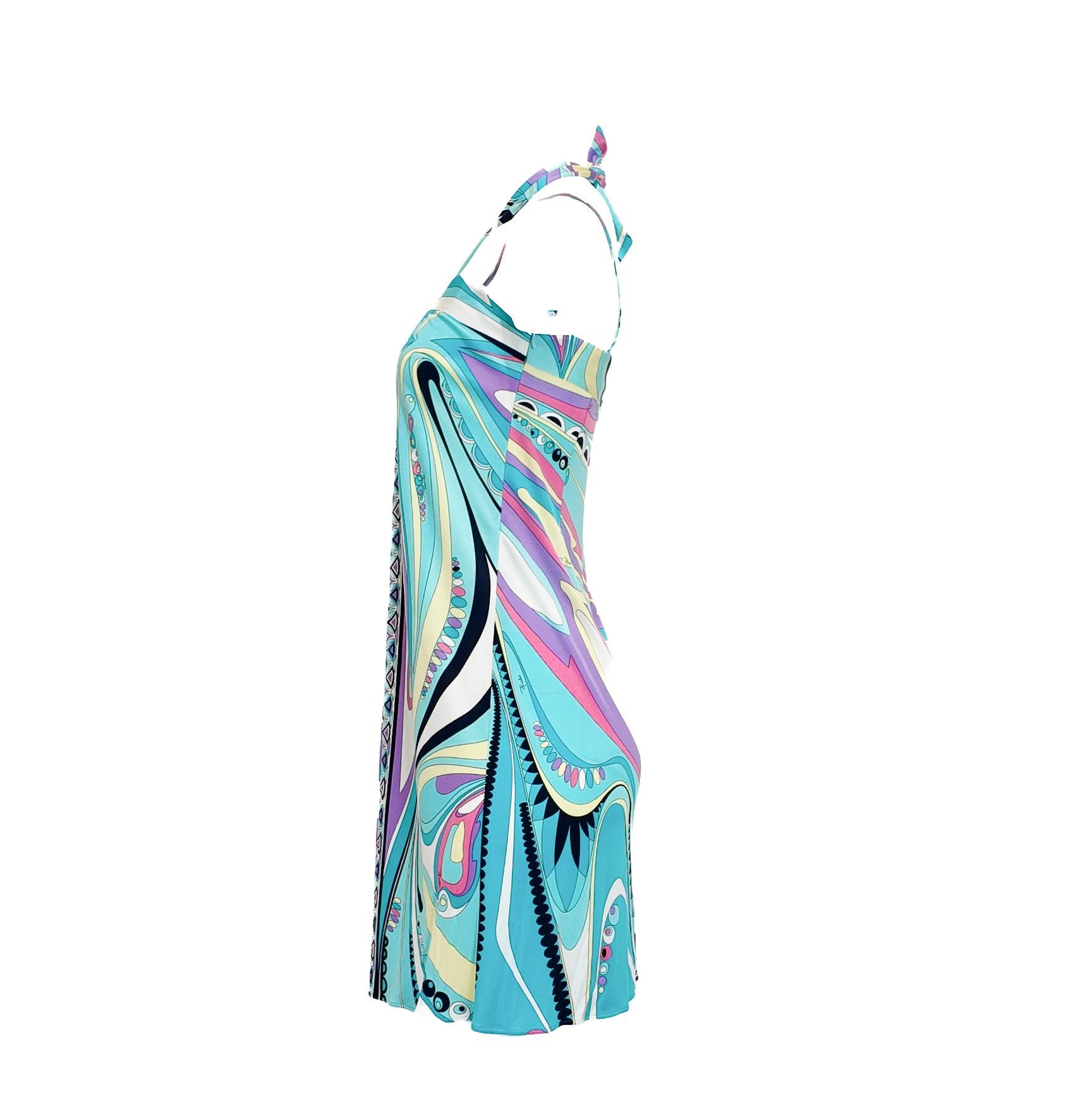 Emilio Pucci Aqua Printed Halter Above the Knee Slip Dress (Blau) im Angebot