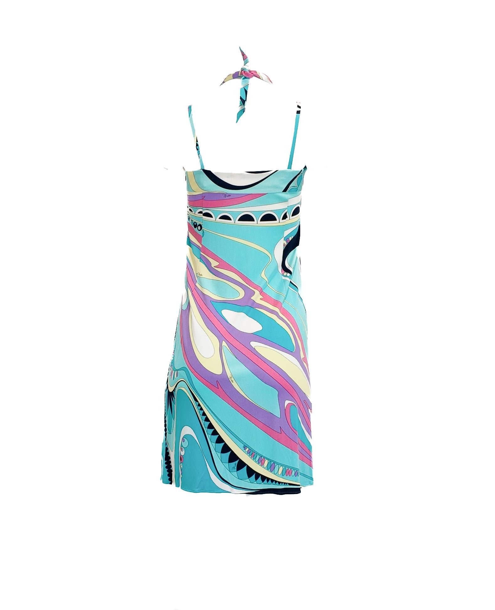 Emilio Pucci Aqua Printed Halter Above the Knee Slip Dress im Zustand „Gut“ im Angebot in Los Angeles, CA