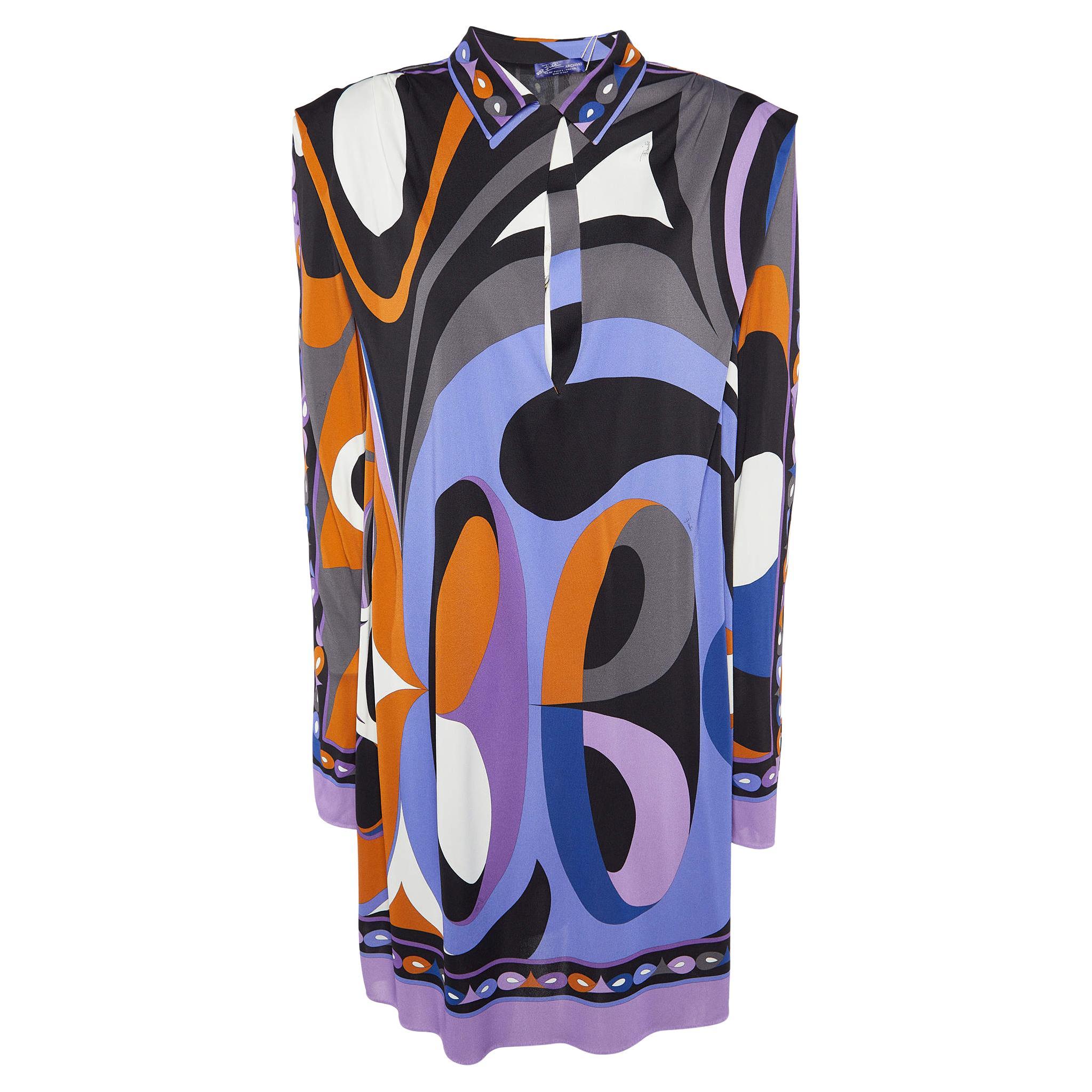 Emilio Pucci Archivio Multicolor Printed Jersey Shoulder Pad Detail Mini Dress L For Sale