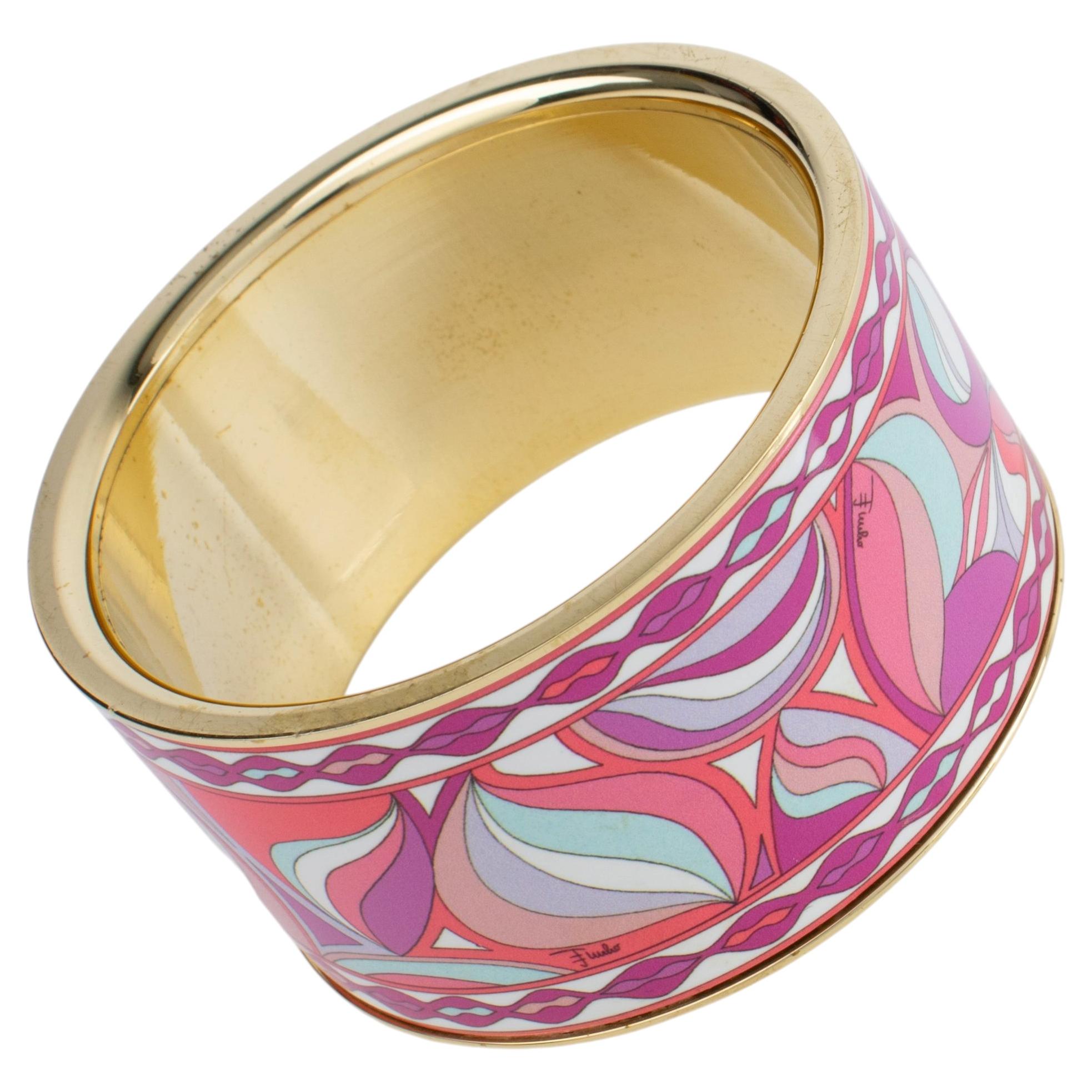 Emilio Pucci Art Deco Inspired Gilded Metal Bangle Bracelet with Pink Enamel