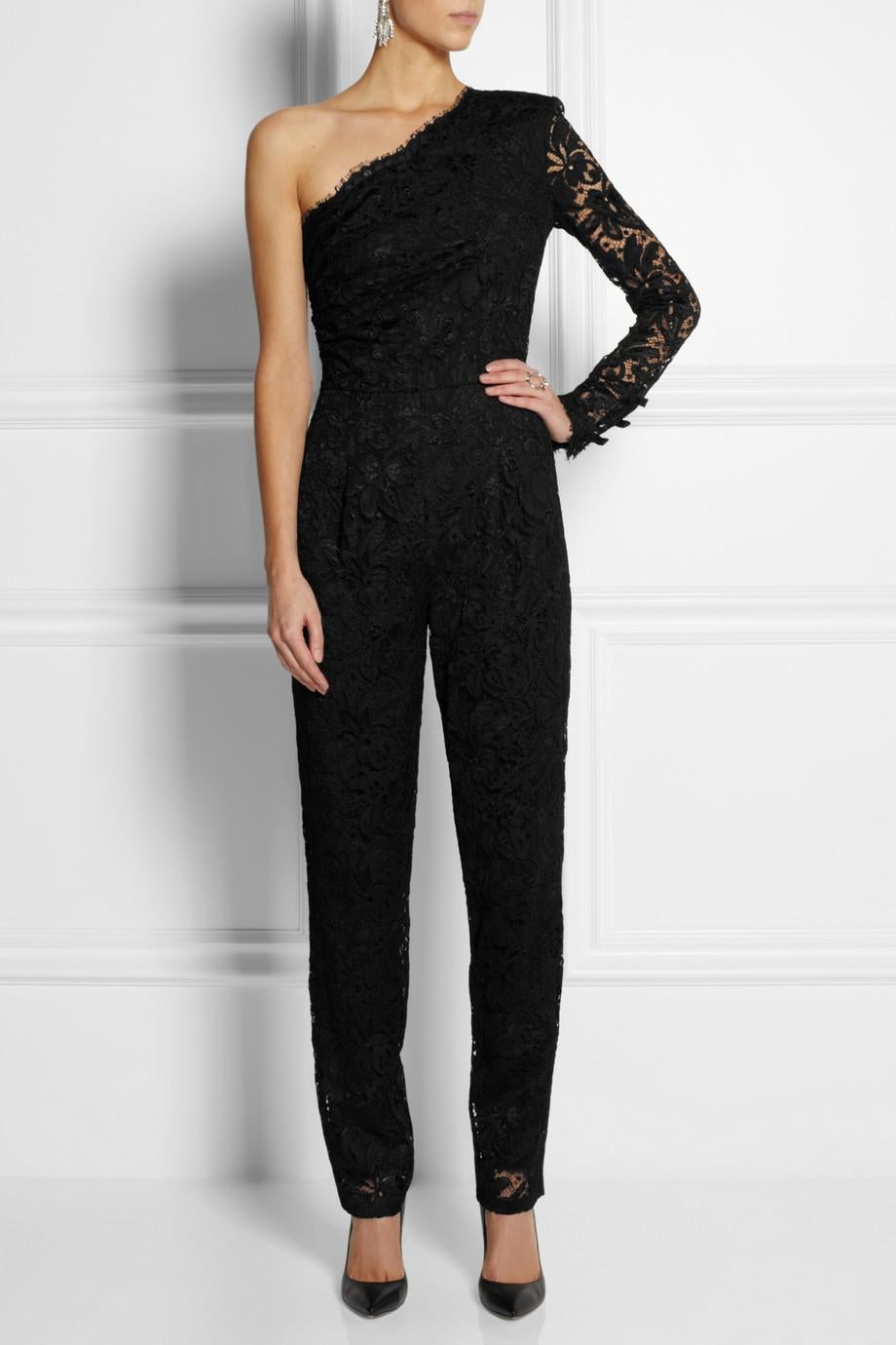 Amazing black jumpsuit designed by  Peter Dundas for Emilio Pucci

Designer Peter Dundas referenced the glamor of the late '60s and early '70s for the Emilio Pucci his collection. 

Cut with a single shoulder, this black lace jumpsuit is tailored