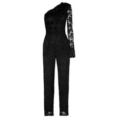 UNWORN Emilio Pucci Asymmetric Shoulder Black Lace Evening Jumpsuit Overall 40