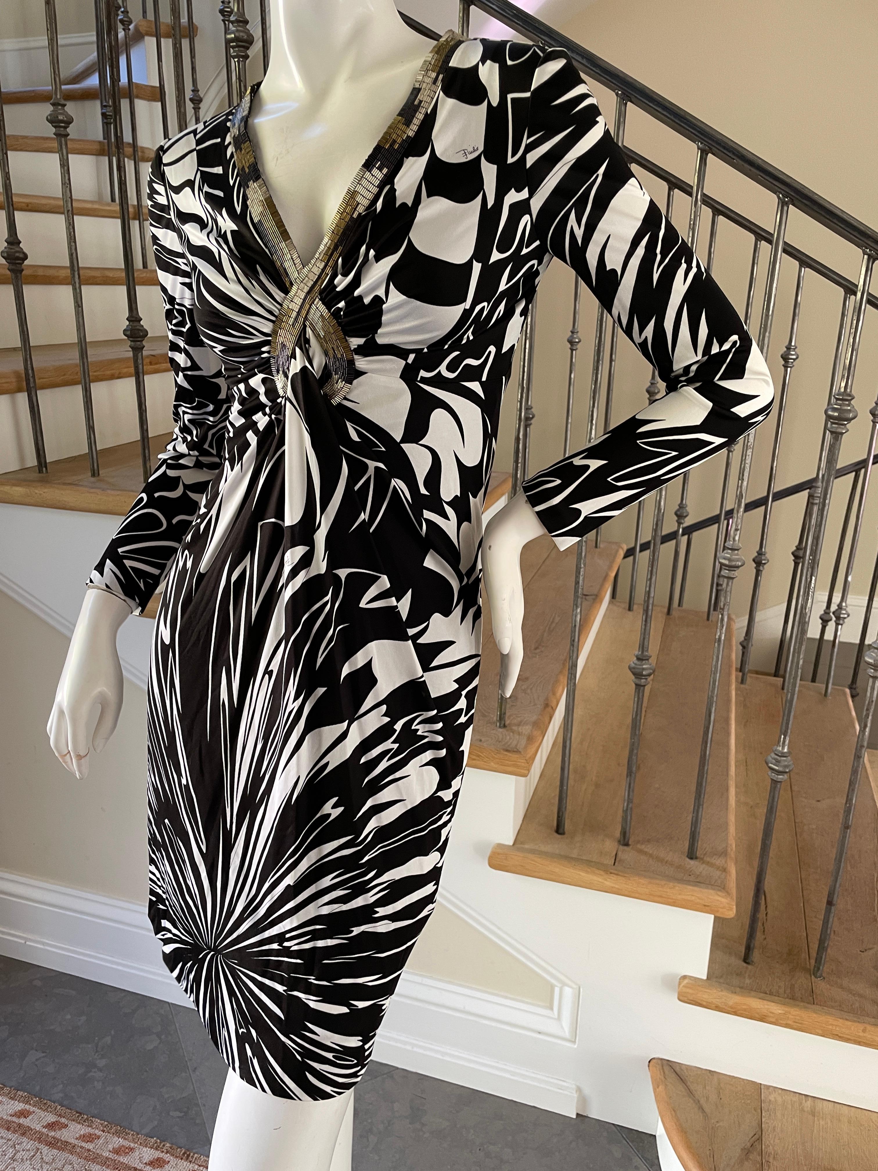 Black Emilio Pucci Beaded Plunging Op Art Pattern Cocktail Dress