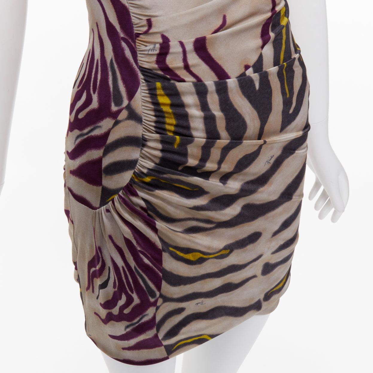 Gray EMILIO PUCCI beige purple yellow animal striped slinky mini dress IT40 S For Sale