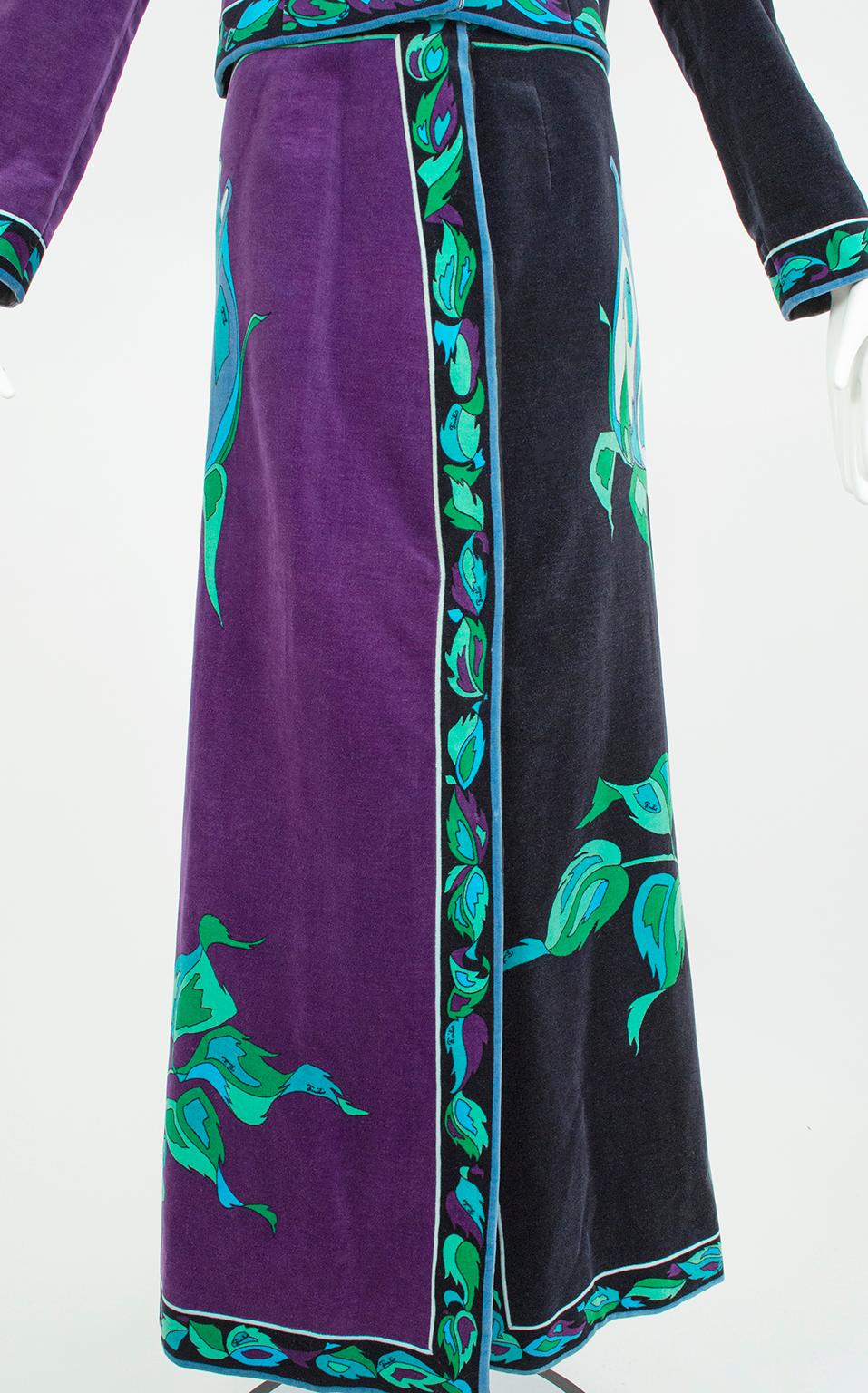 Veste et jupe longue en velours rose noir et violet Emilio Pucci, Saks - S, 1971 en vente 7