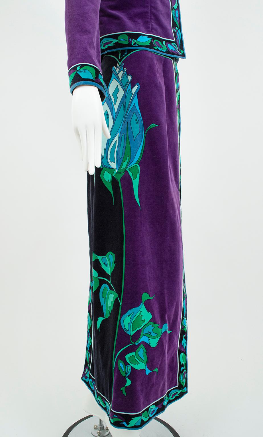 Veste et jupe longue en velours rose noir et violet Emilio Pucci, Saks - S, 1971 en vente 9