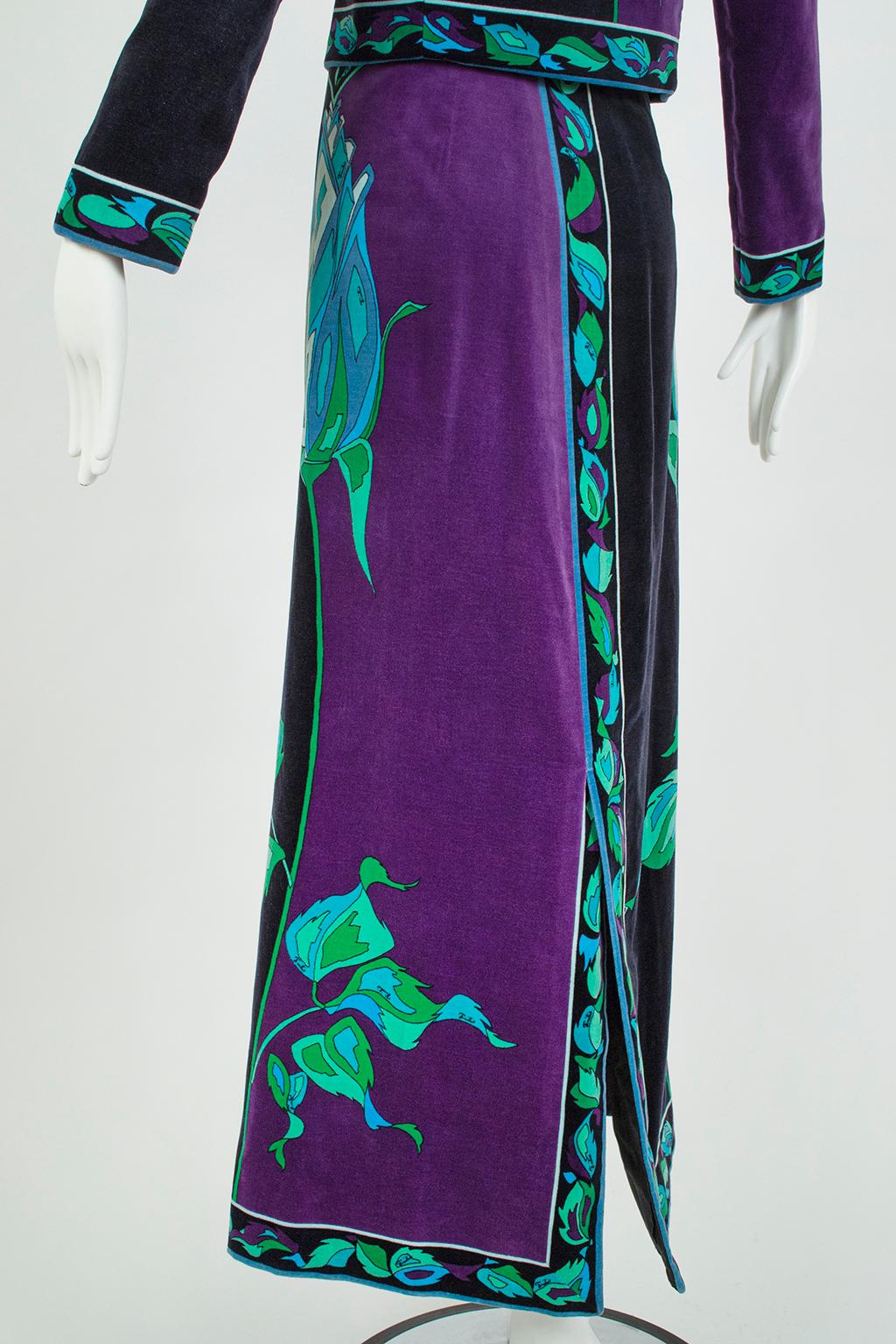 Veste et jupe longue en velours rose noir et violet Emilio Pucci, Saks - S, 1971 en vente 10