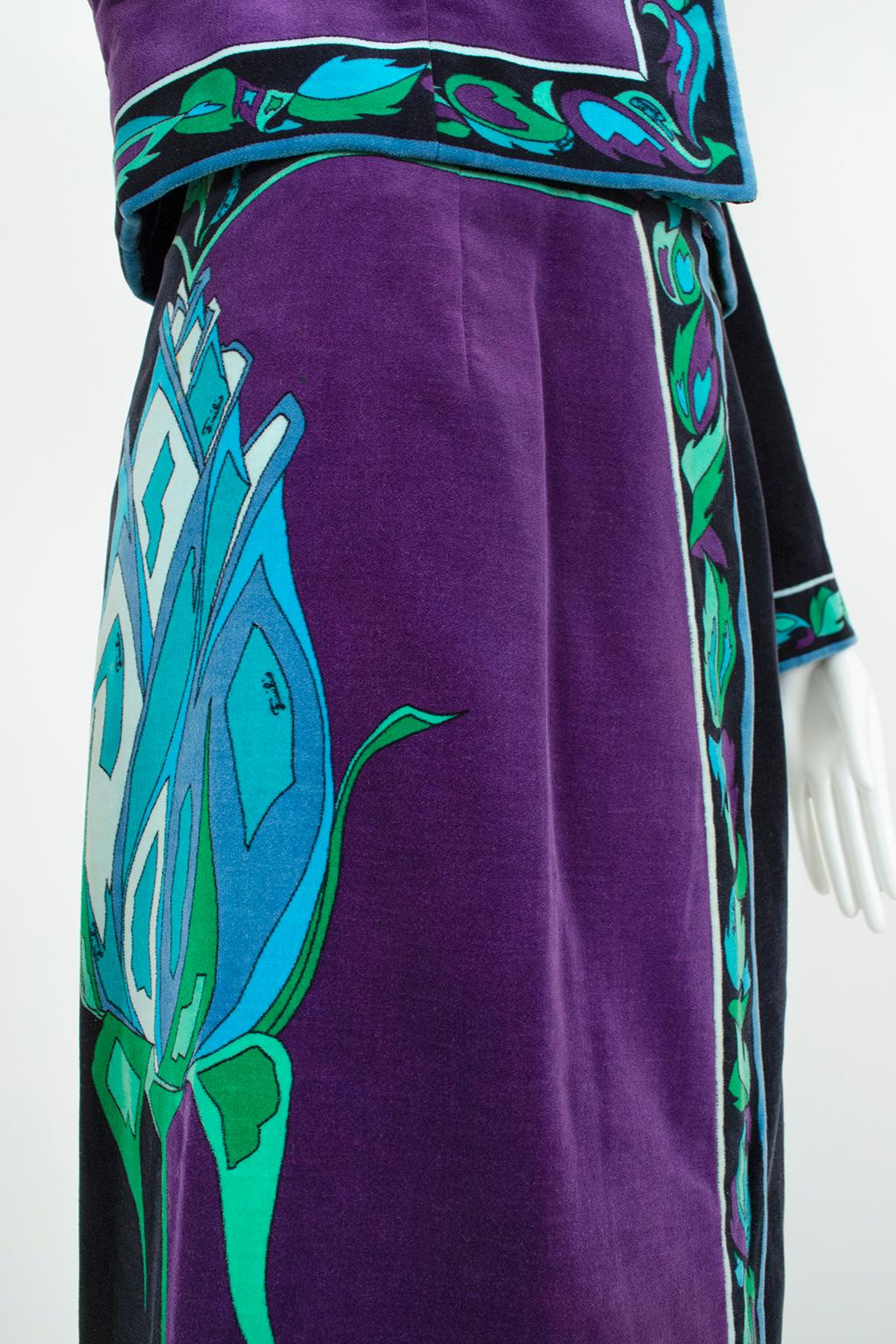 Veste et jupe longue en velours rose noir et violet Emilio Pucci, Saks - S, 1971 en vente 11