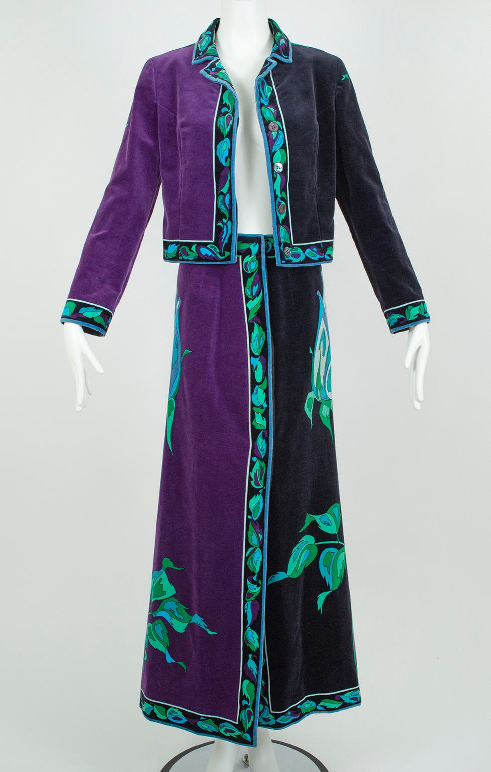 Noir Veste et jupe longue en velours rose noir et violet Emilio Pucci, Saks - S, 1971 en vente