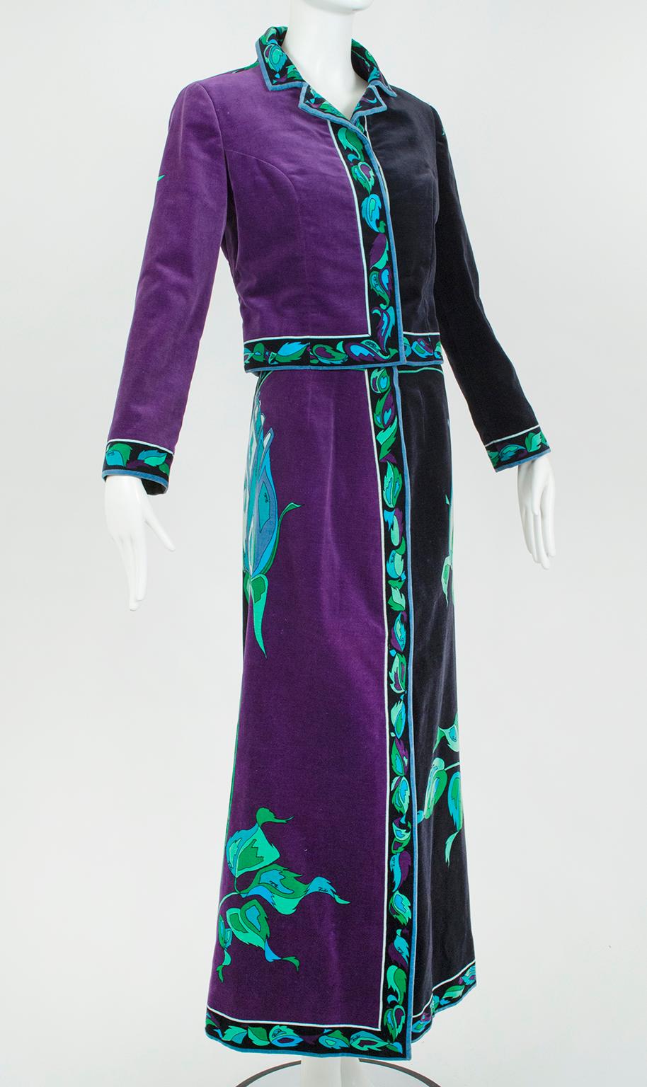 Emilio Pucci Black and Purple Rose Velvet Jacket and Maxi Skirt, Saks – S, 1971 In Good Condition For Sale In Tucson, AZ