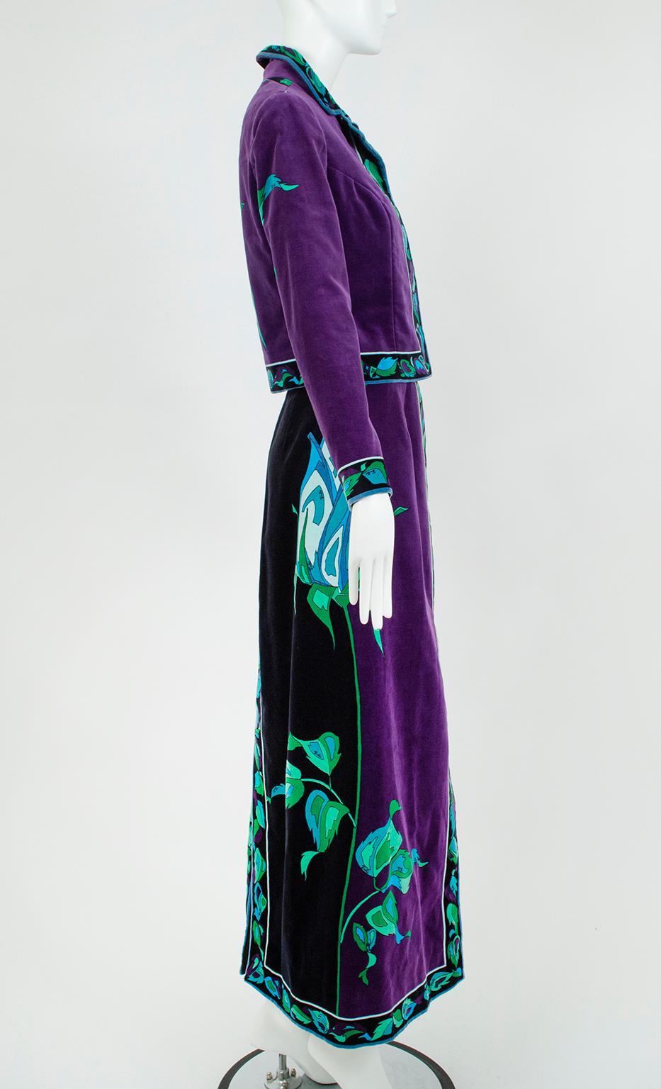 Veste et jupe longue en velours rose noir et violet Emilio Pucci, Saks - S, 1971 Pour femmes en vente