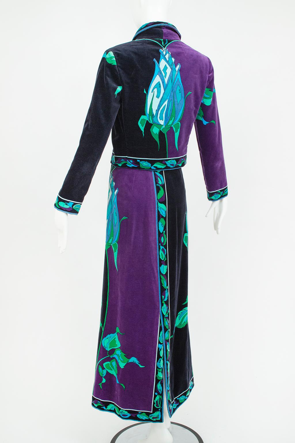 Veste et jupe longue en velours rose noir et violet Emilio Pucci, Saks - S, 1971 en vente 1