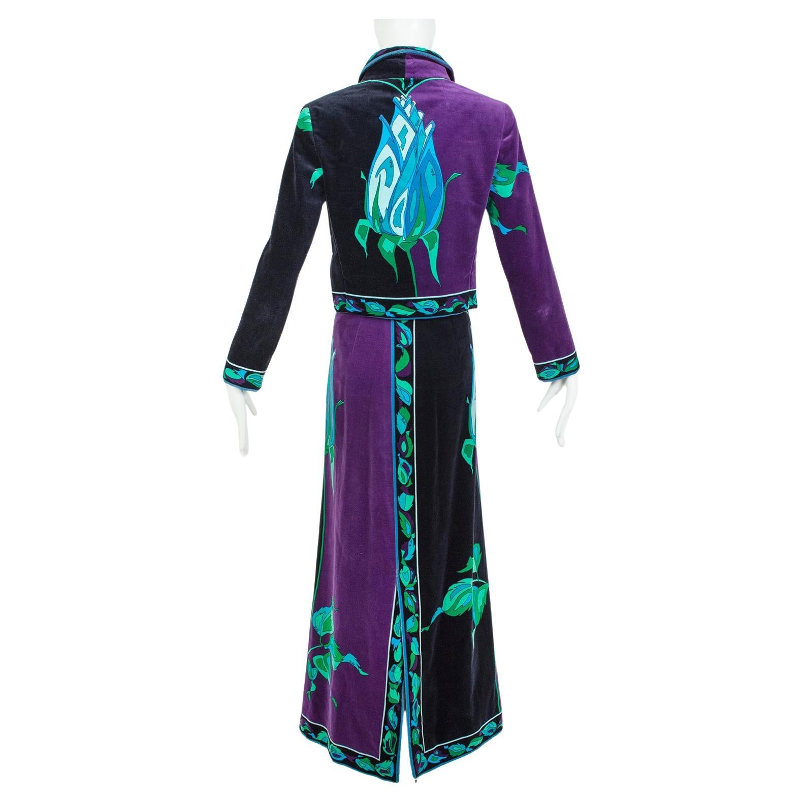 Emilio Pucci Black and Purple Rose Velvet Jacket and Maxi Skirt, Saks – S, 1971 For Sale