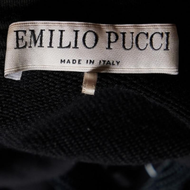 Emilio Pucci Black Cotton Knit Printed Hem Zip Front Hooded Jacket L For Sale 2