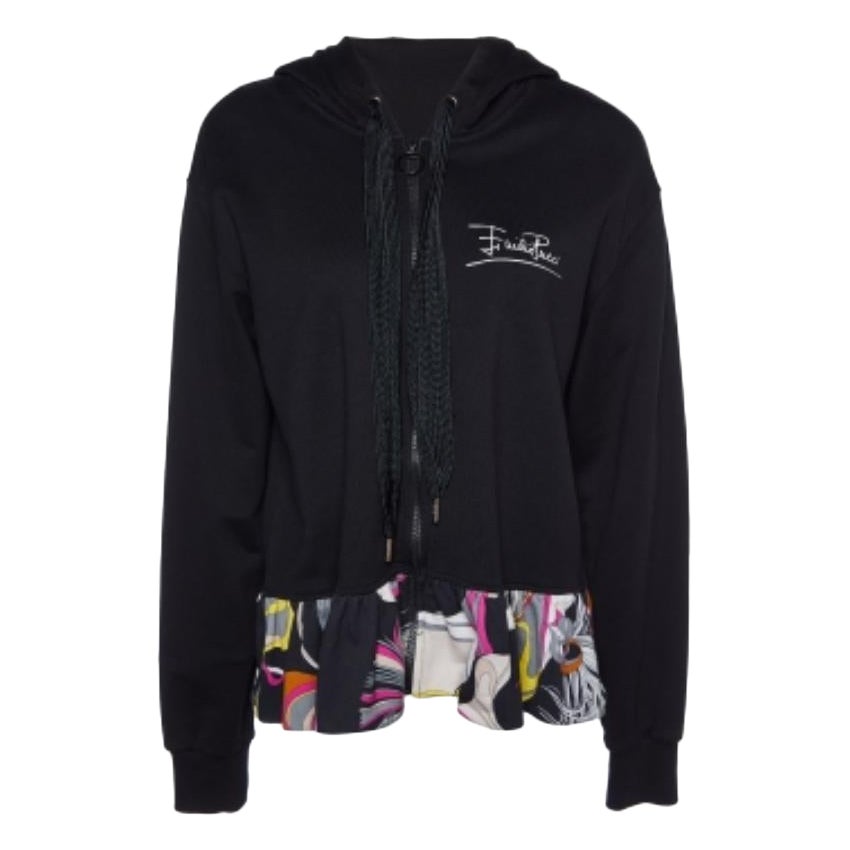 Emilio Pucci Black Cotton Knit Printed Hem Zip Front Hooded Jacket L
