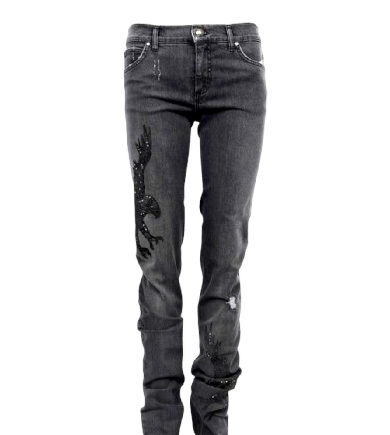 Emilio Pucci Black Distressed Eagle Embroidered Denim Jeans Pants 42 For Sale 2