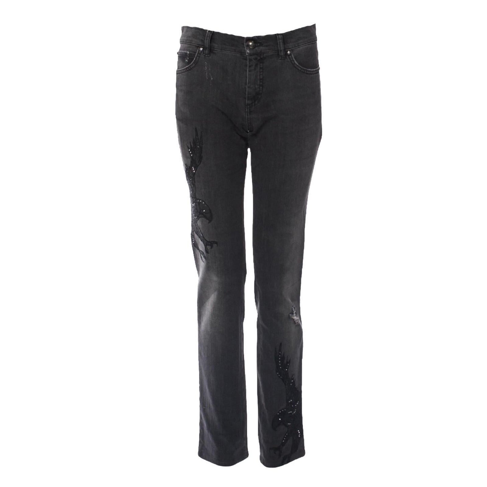 Emilio Pucci Schwarze bestickte Denim-Jeanshose im Distressed-Stil mit Adlermuster 42 im Angebot
