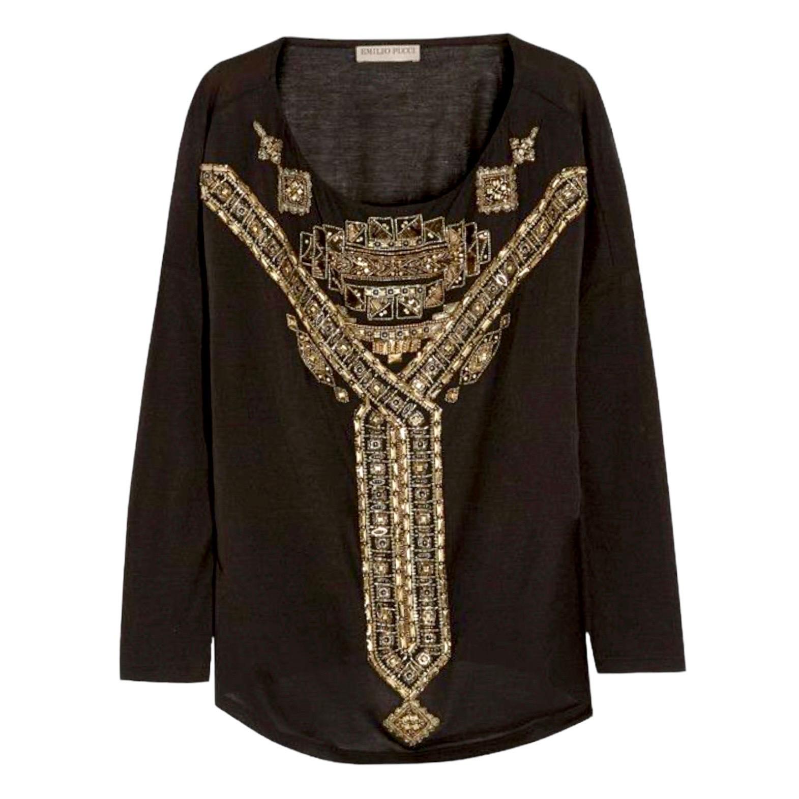 EMILIO PUCCI Black Embroidered Silk Blend Longsleeve Top Shirt 42 In Good Condition For Sale In Switzerland, CH