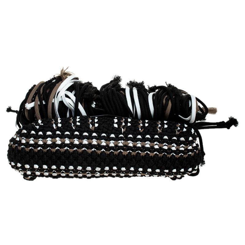 Emilio Pucci Black Fabric Fringe Macrame Shoulder Bag In Good Condition In Dubai, Al Qouz 2