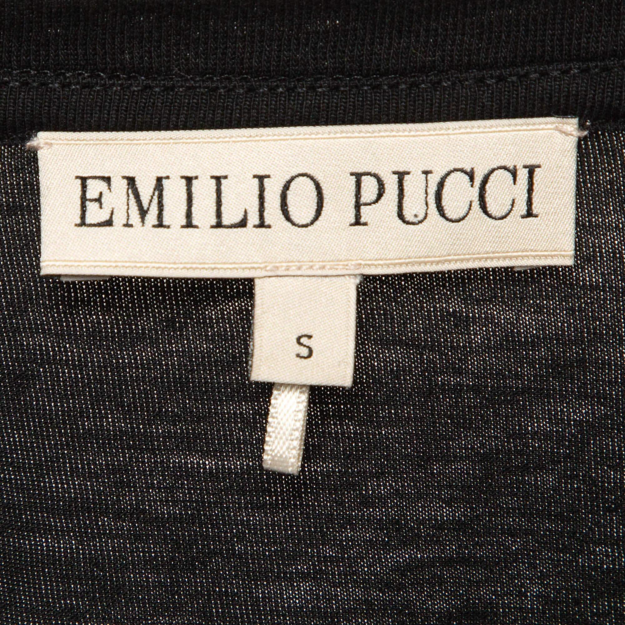 Women's Emilio Pucci Black Floral Print Silk Frill Jersey T-Shirt S For Sale