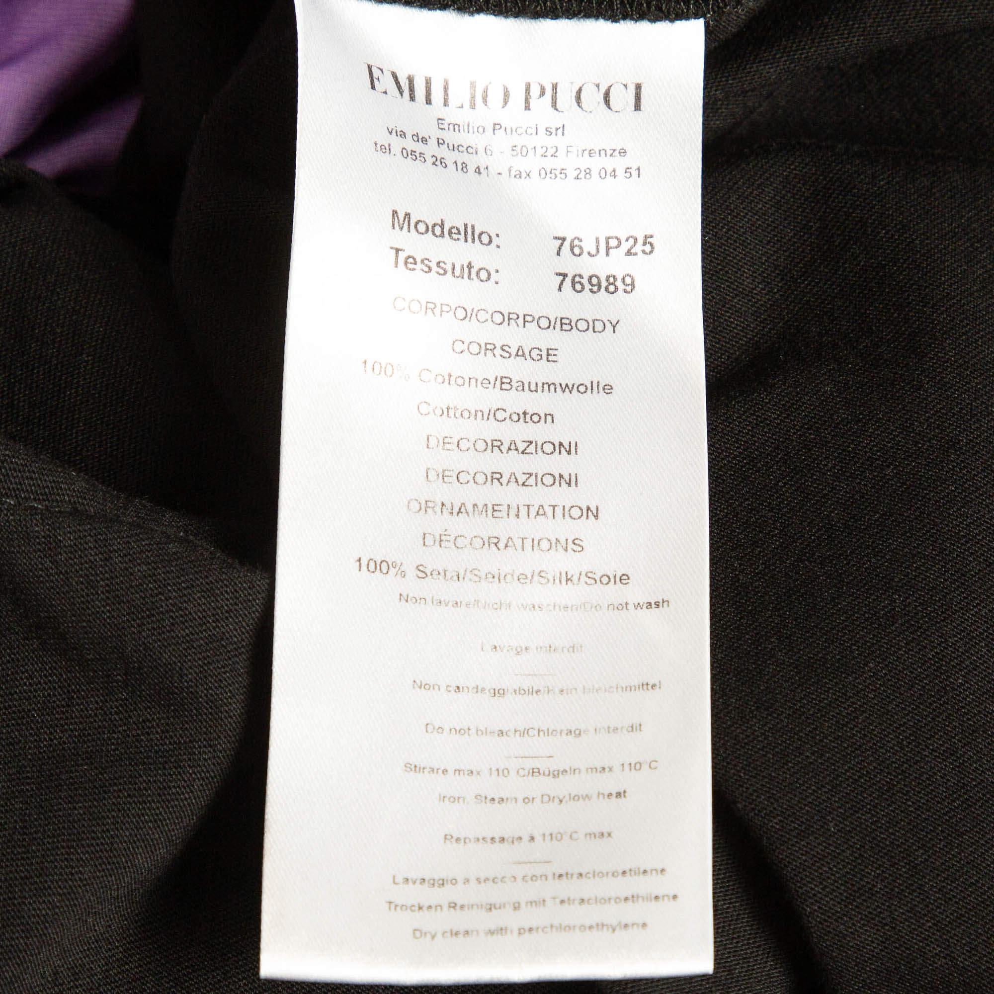 Emilio Pucci Black Floral Print Silk Frill Jersey T-Shirt S For Sale 1