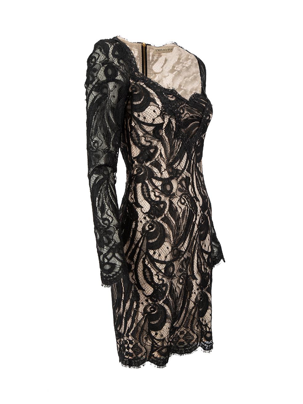 CONDITION is Good. General wear to dress is evident. Moderate signs of wear to the all-over lace with fraying, as well as a hole to the rear-left on this used Emilio Pucci designer resale item.



Details


Black

Lace

Mini dress

Sweetheart