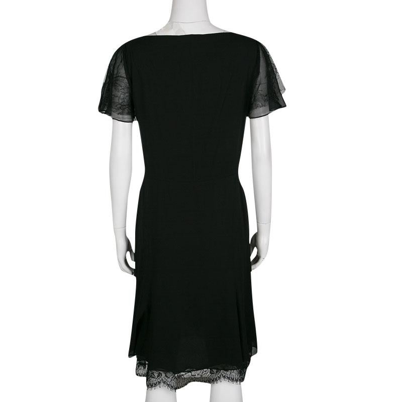 Emilio Pucci Black Lace Trim Flutter Sleeve Dress M In Good Condition In Dubai, Al Qouz 2