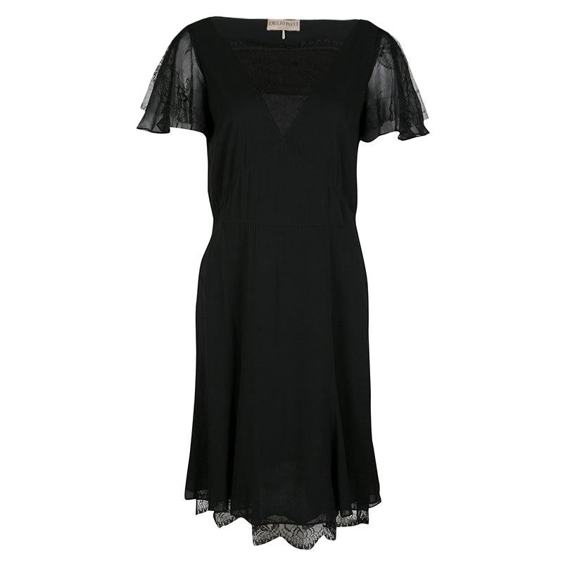 Emilio Pucci Black Lace Trim Flutter Sleeve Dress M